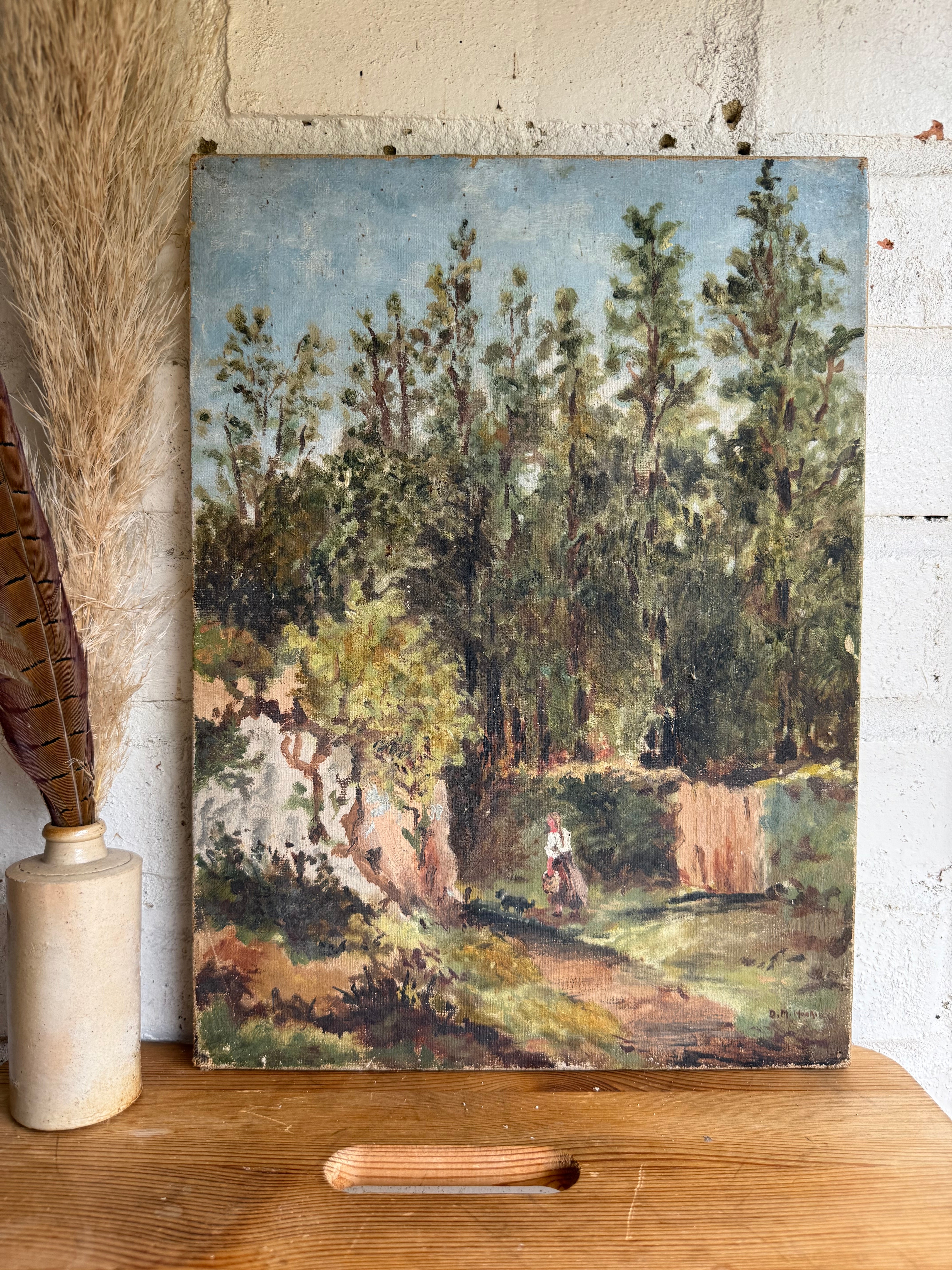 Woman & Dog: Signed & Dated 1916 Oil on Canvas