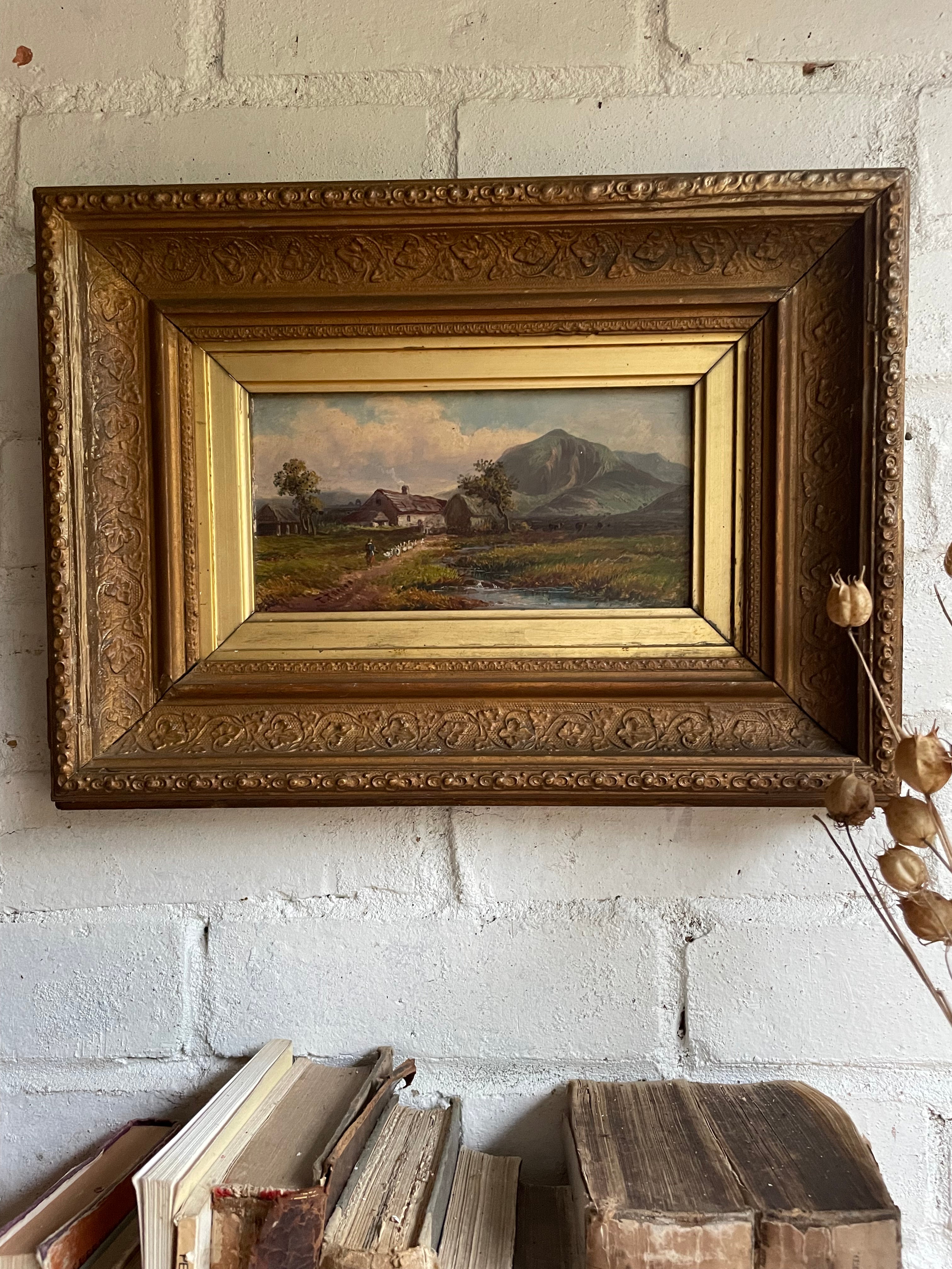 Rural Landscape with Geese: 19th Century Signed Oil on Wood with Gilt Frame