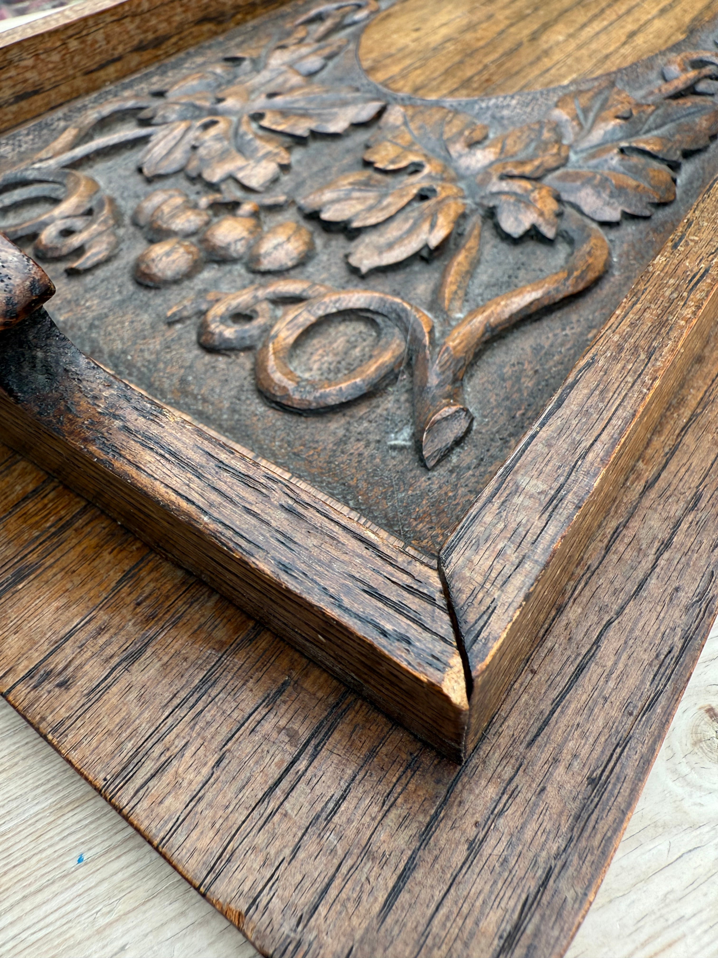 Late 19th Century Arts & Crafts Carved Oak Tray depicting Grapevines