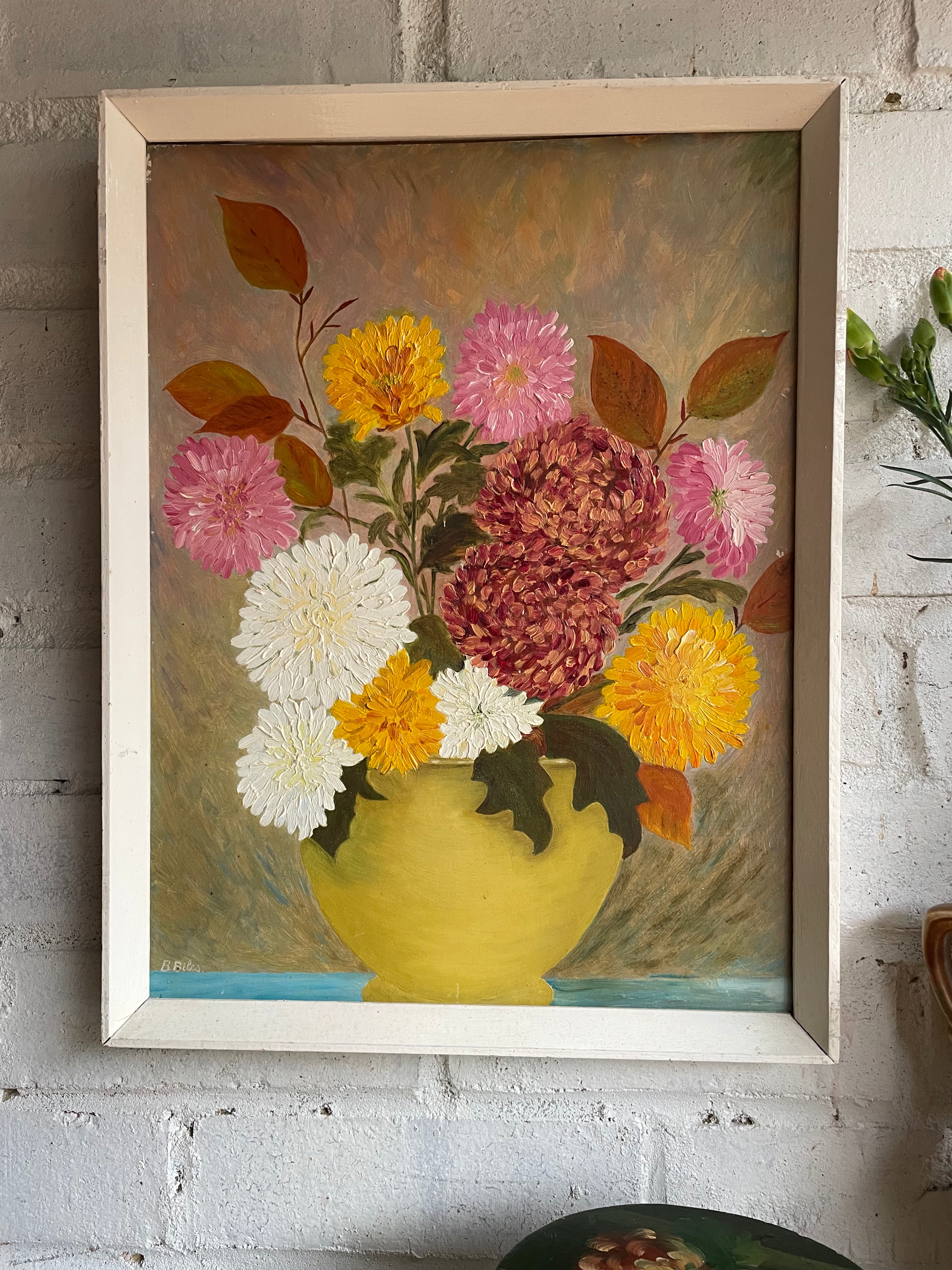 Dahlias: Signed Vintage Oil on Board