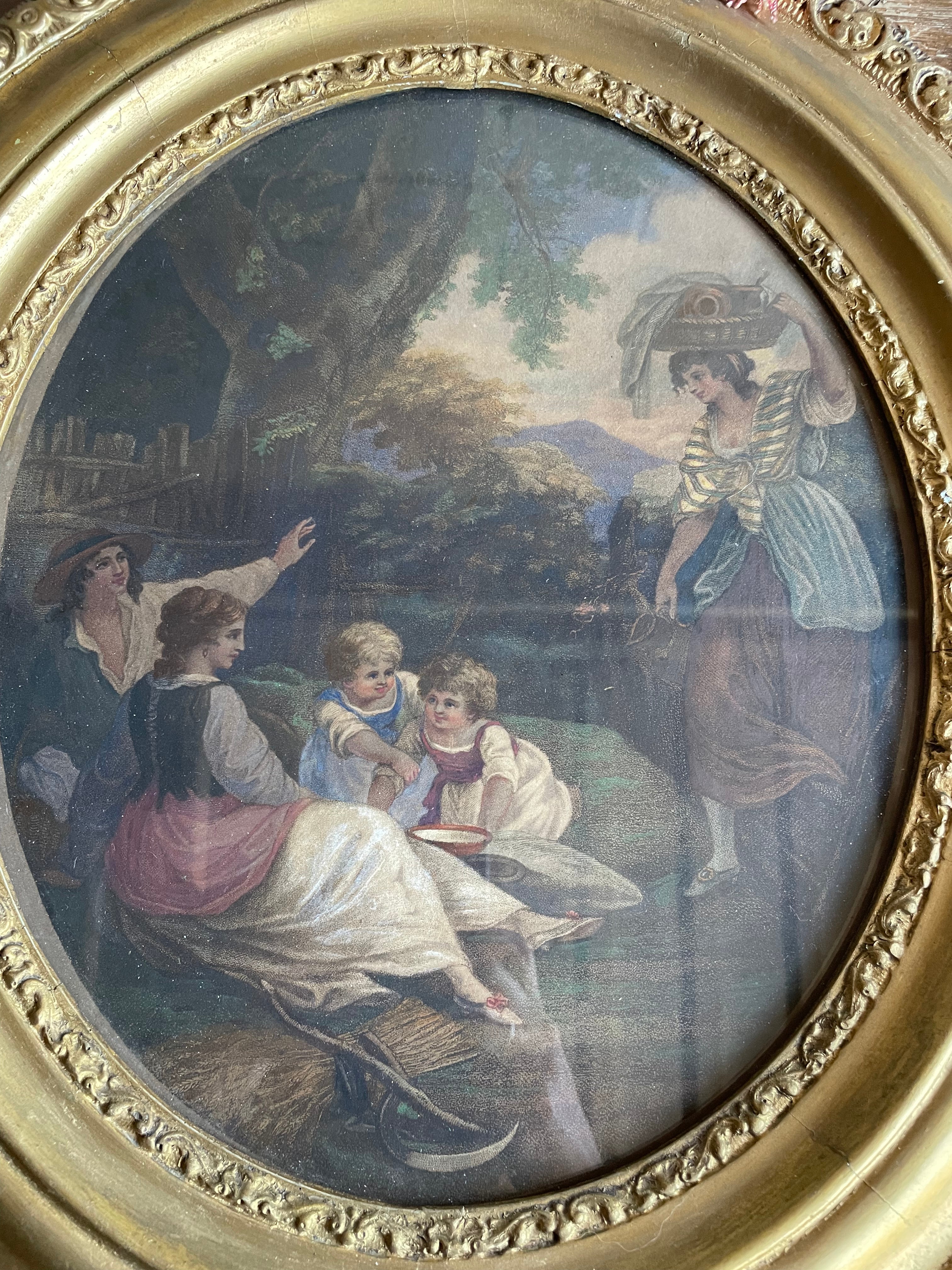 19th Century Framed Lithographic Print with Gilt Frame and Rope Tie:  Pastoral Scene
