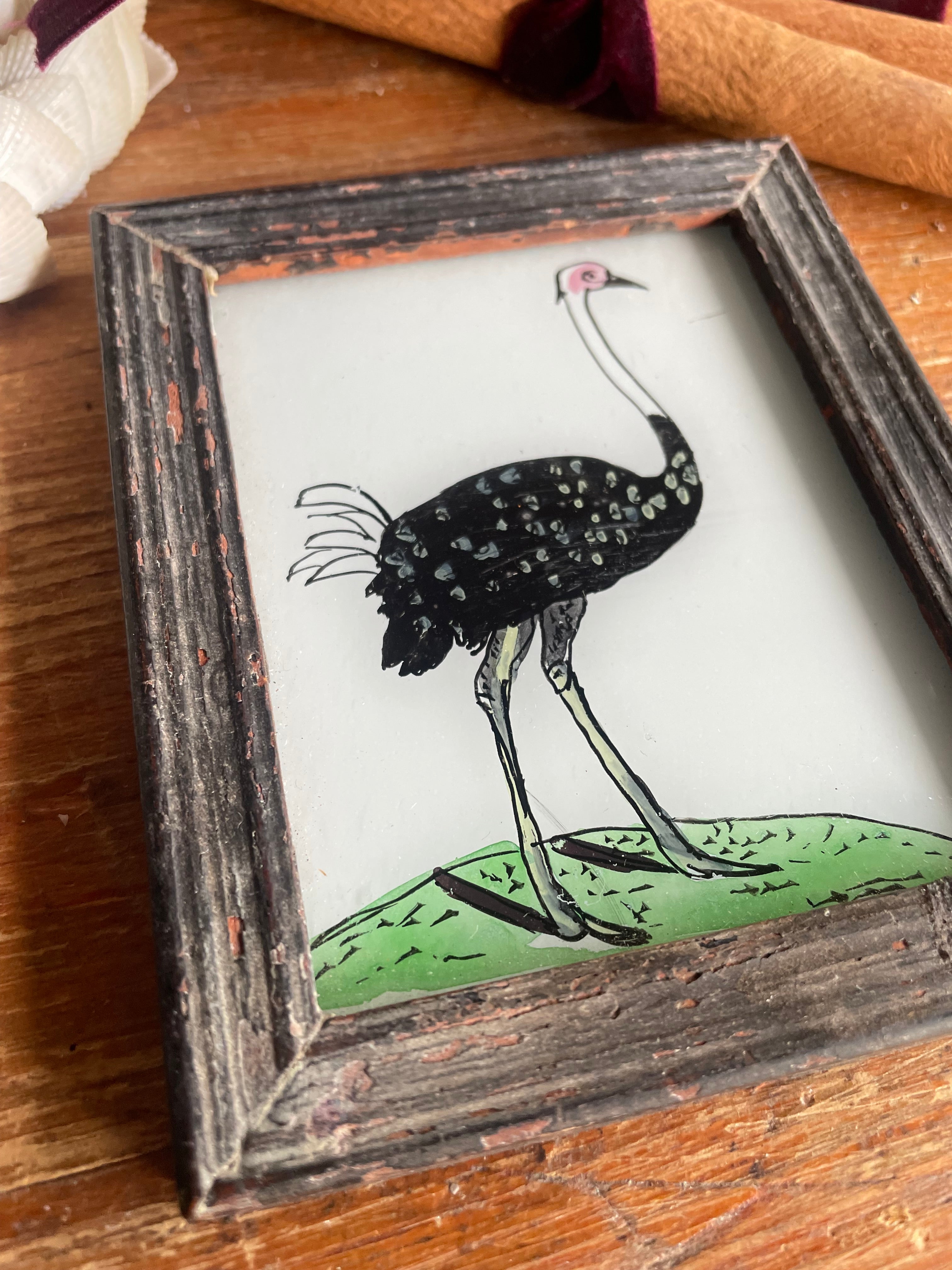 Mini Indian Reverse Glass Painting with Vintage Frame: Ostrich