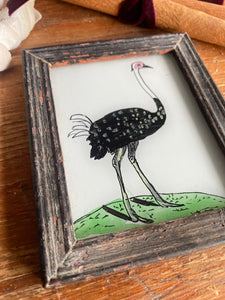 Mini Indian Reverse Glass Painting with Vintage Frame: Ostrich