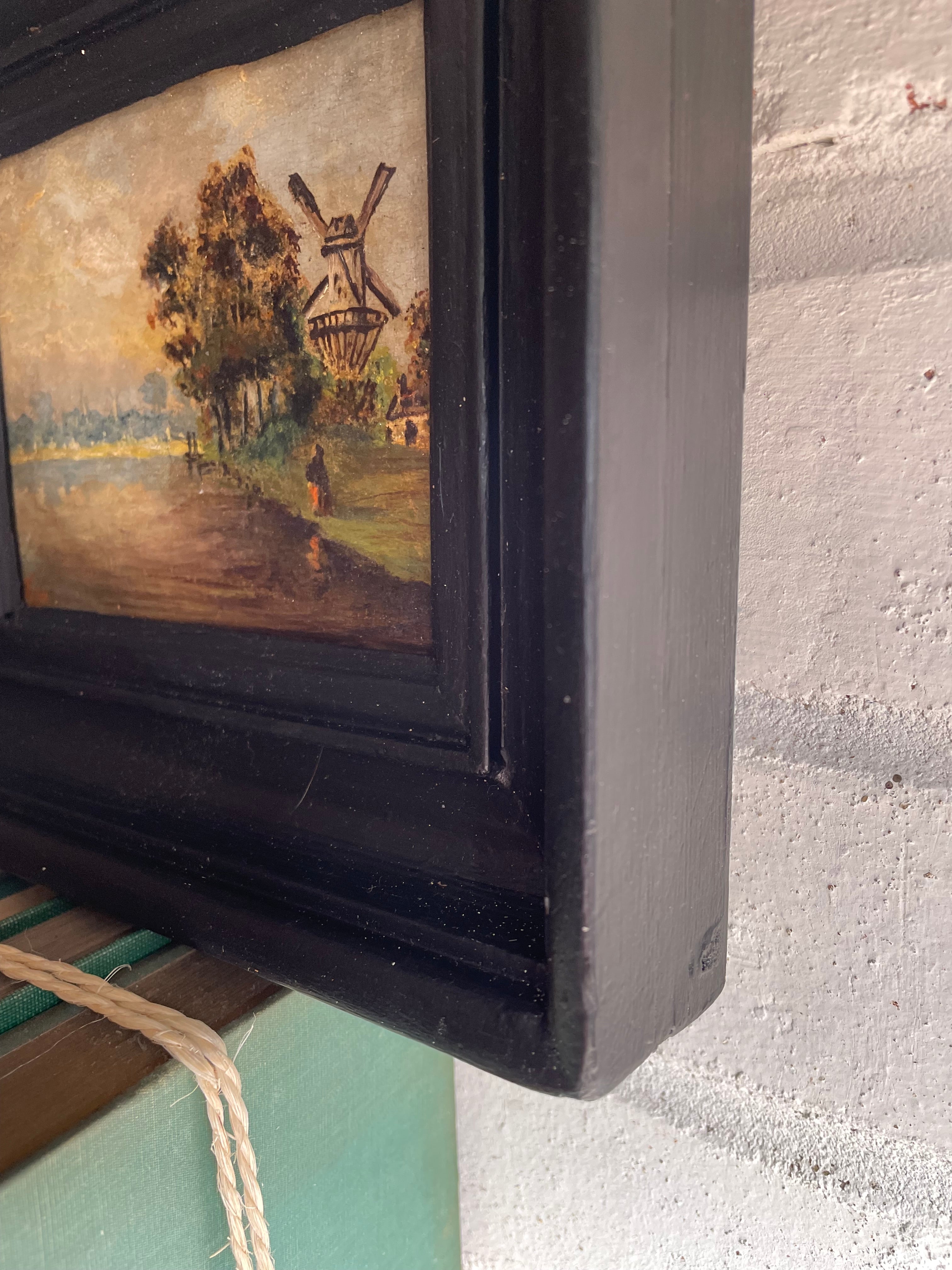Small 19th Century Oil Painting on Wood with Windmill