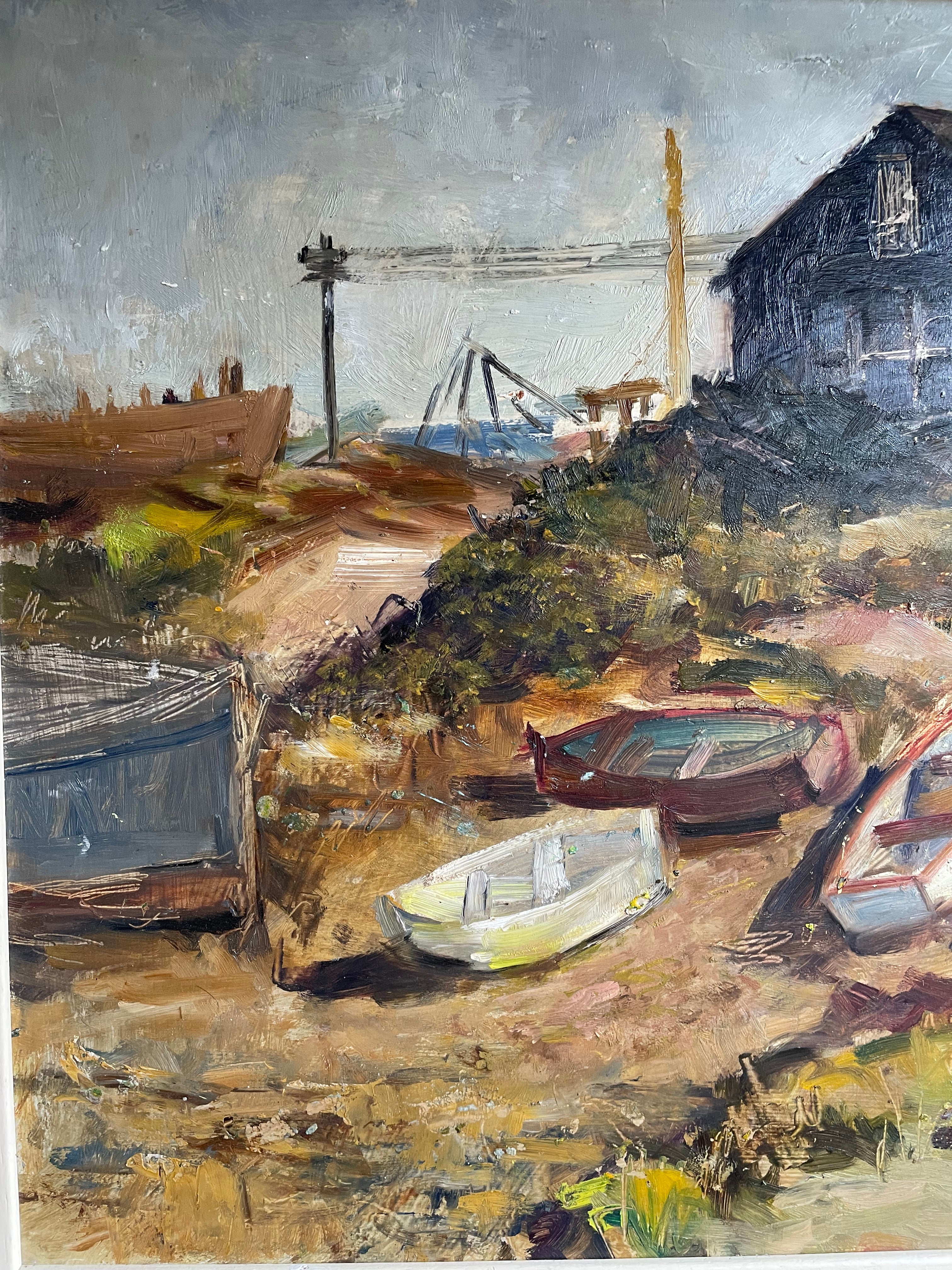 Fishing Boats: Large Midcentury Oil Painting