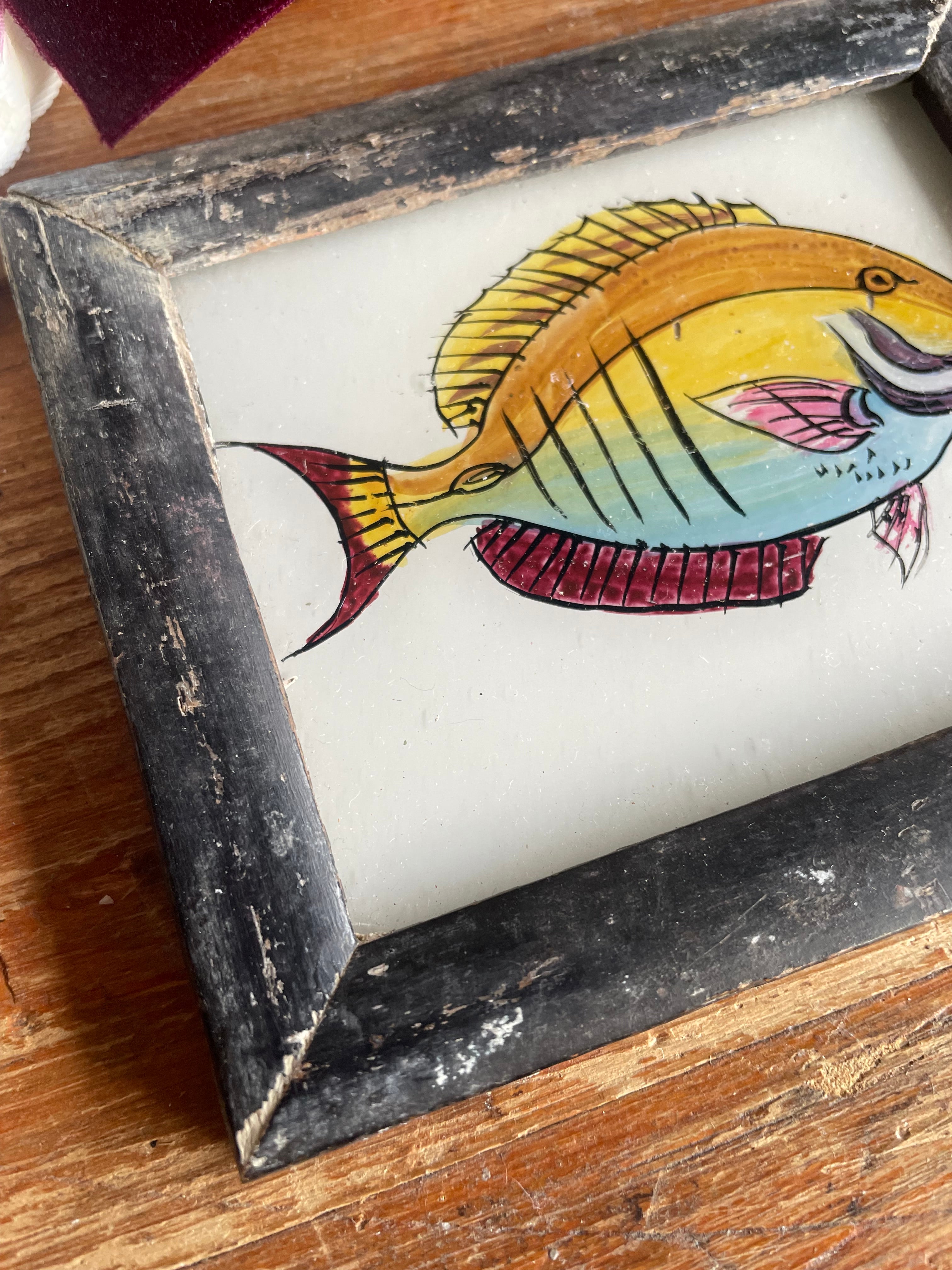 Mini Indian Reverse Glass Painting with Vintage Frame: Fish
