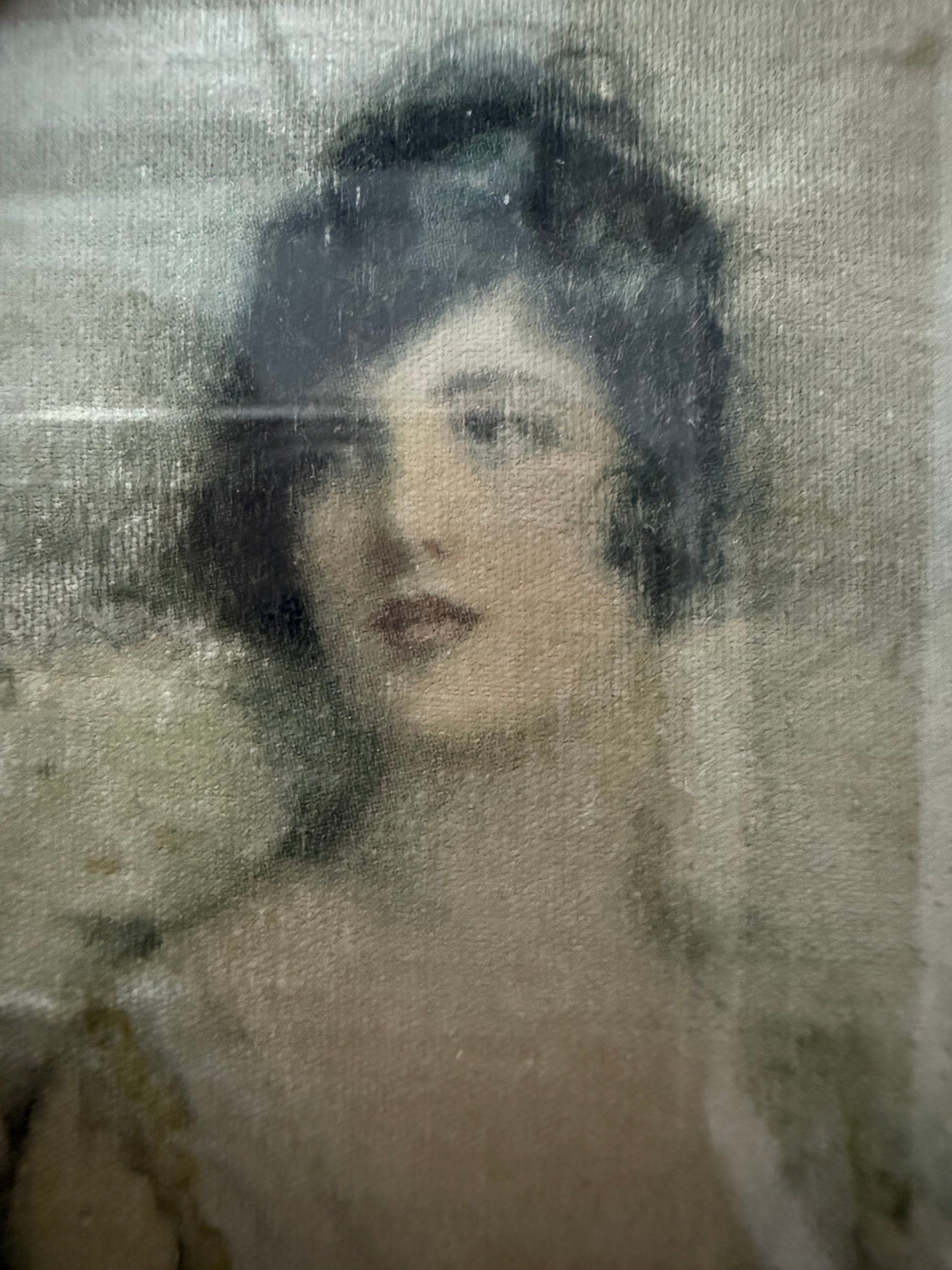 Circa 1910: Portrait Painting of a Lady on Silk with Gilt Metal & Oak Frame