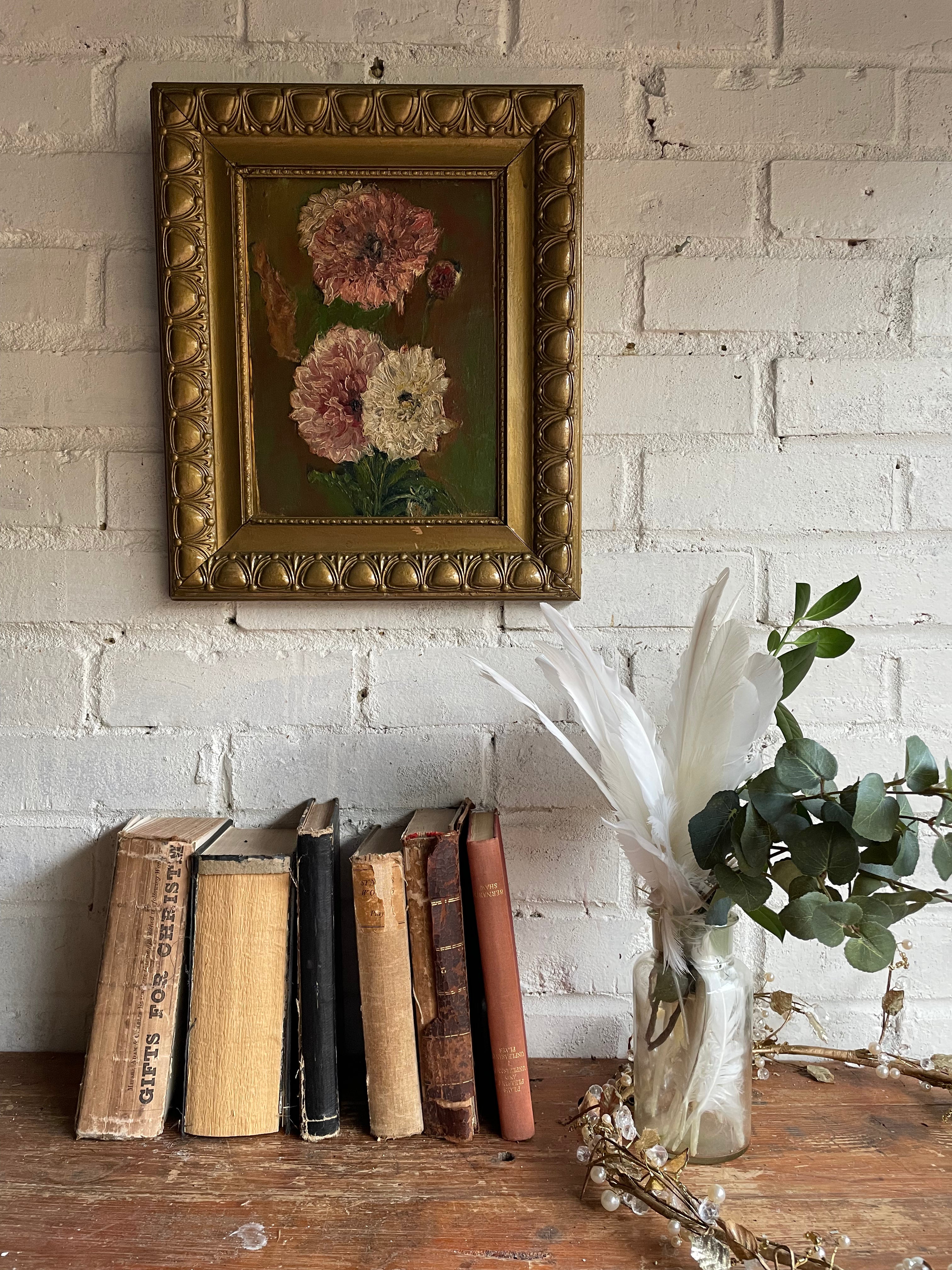 Peonies: Antique Oil on Board with Egg & Dart Frame