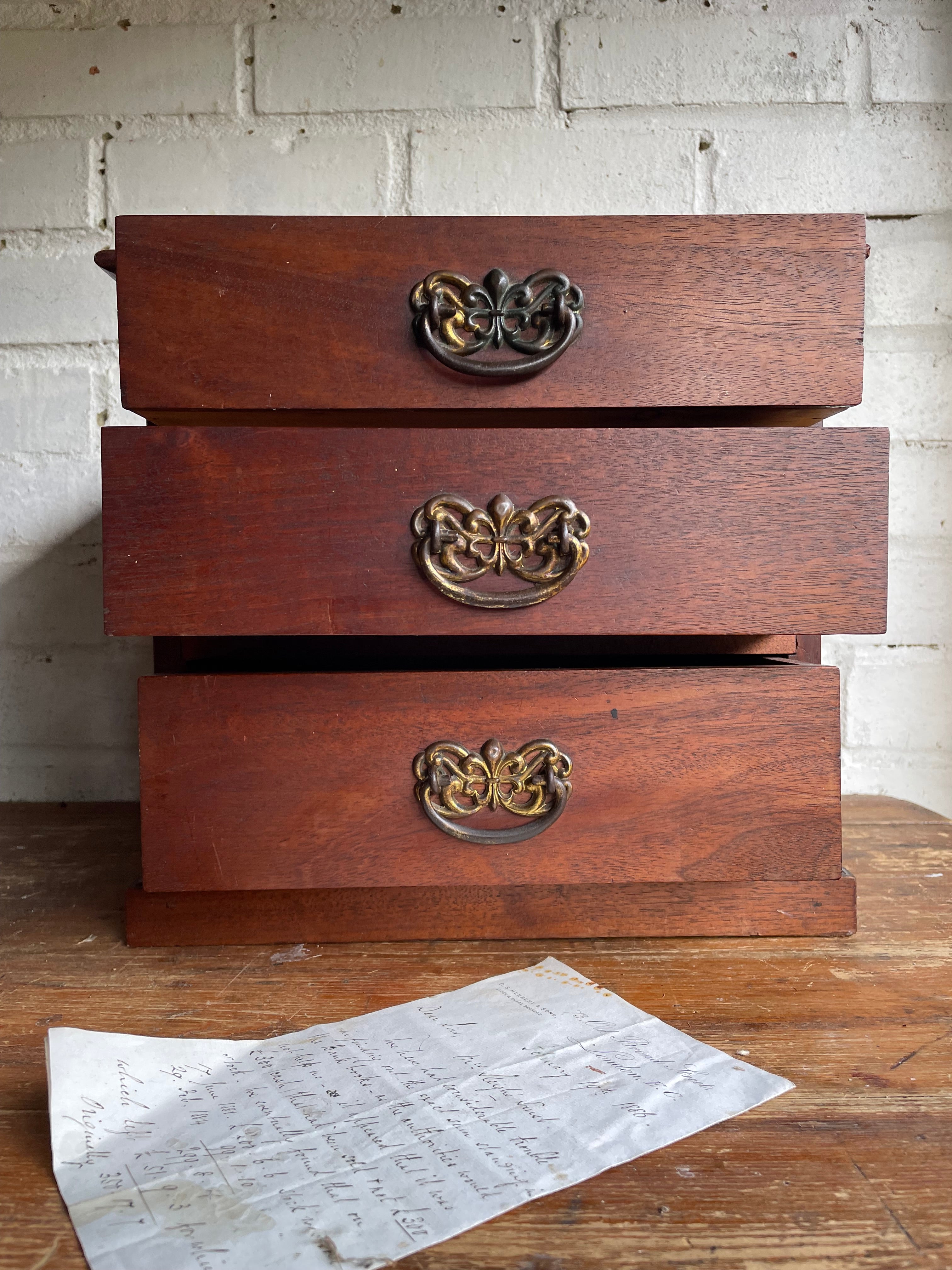UK only delivery. 1930s American Tabletop Drawers with Brass Handles. Were £100 now £65 at checkout