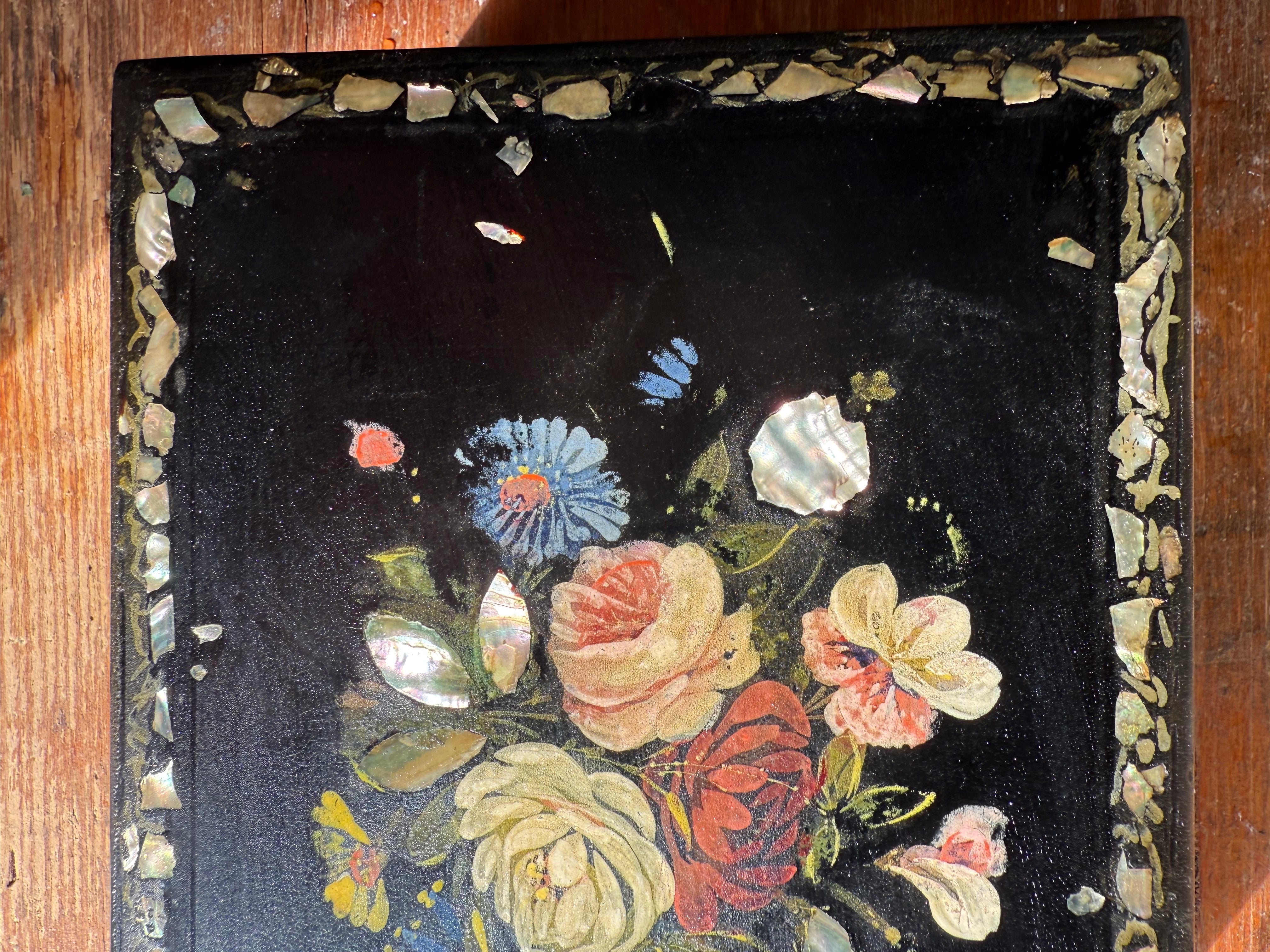 19th Century Hand-Painted Laquered Jewellery Box with Mother of Pearl Inlay