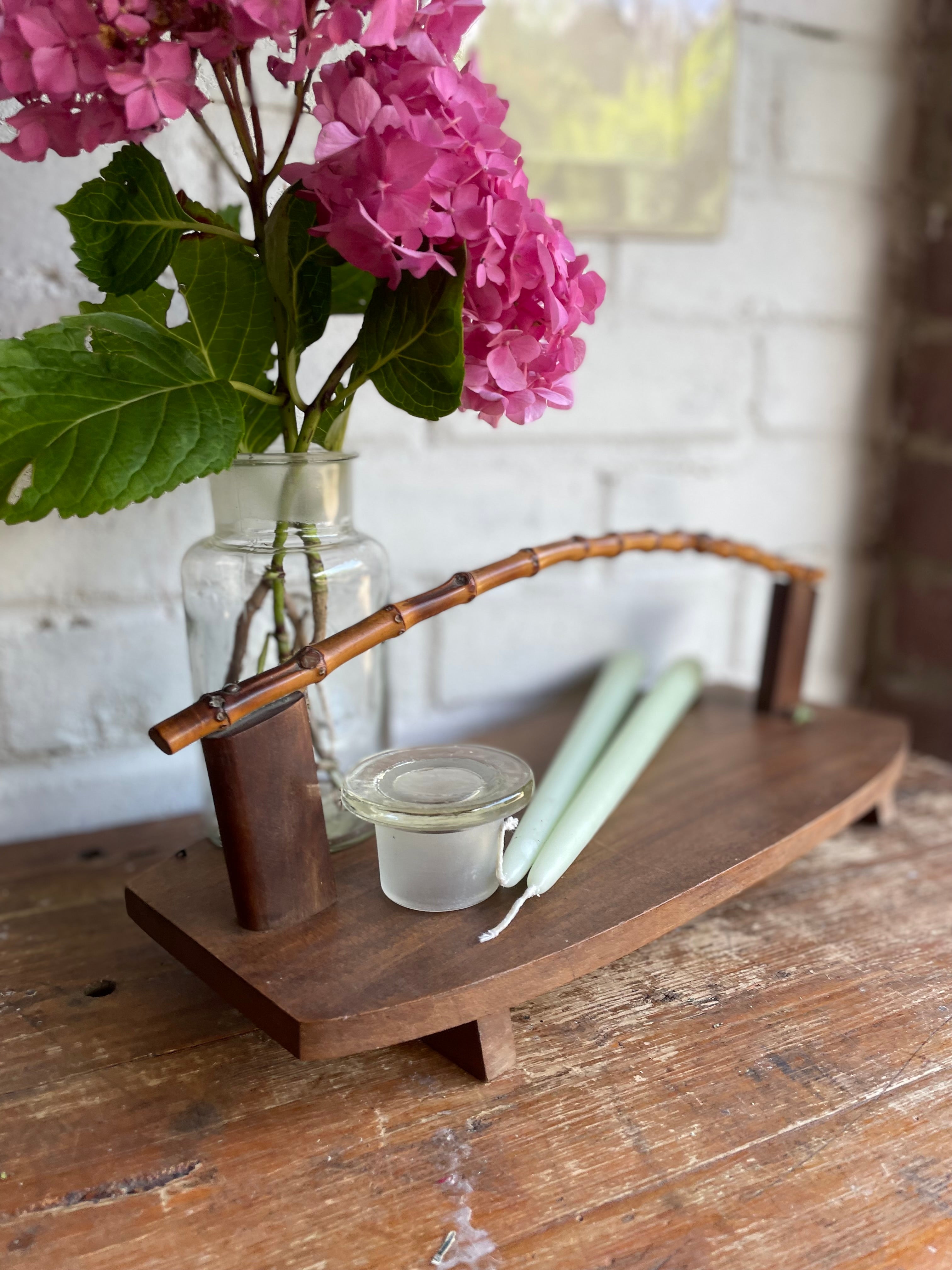 Midcentury wooden platter with bamboo handle