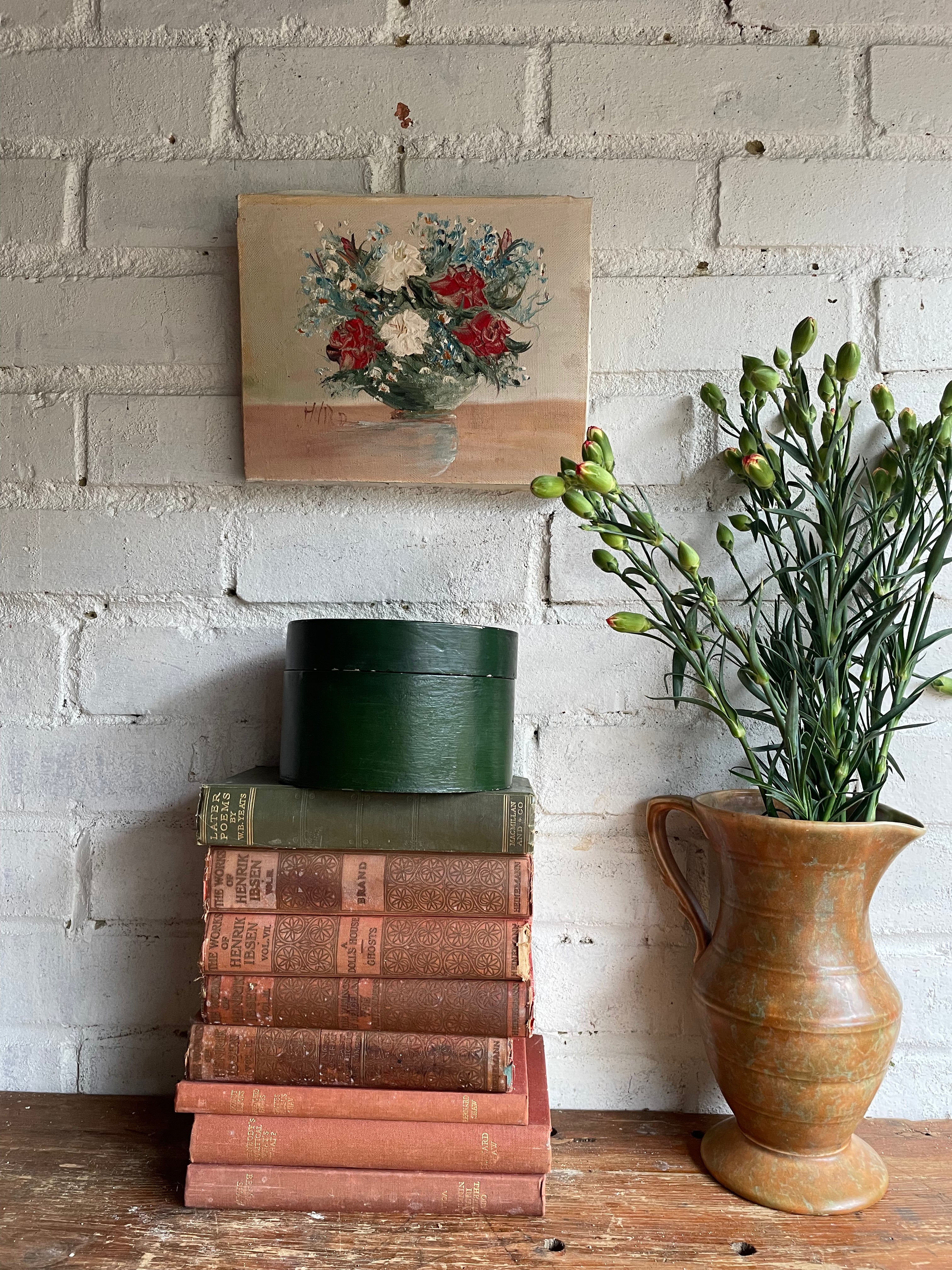 Green Vase with Flowers: Stretched Oil on Canvas