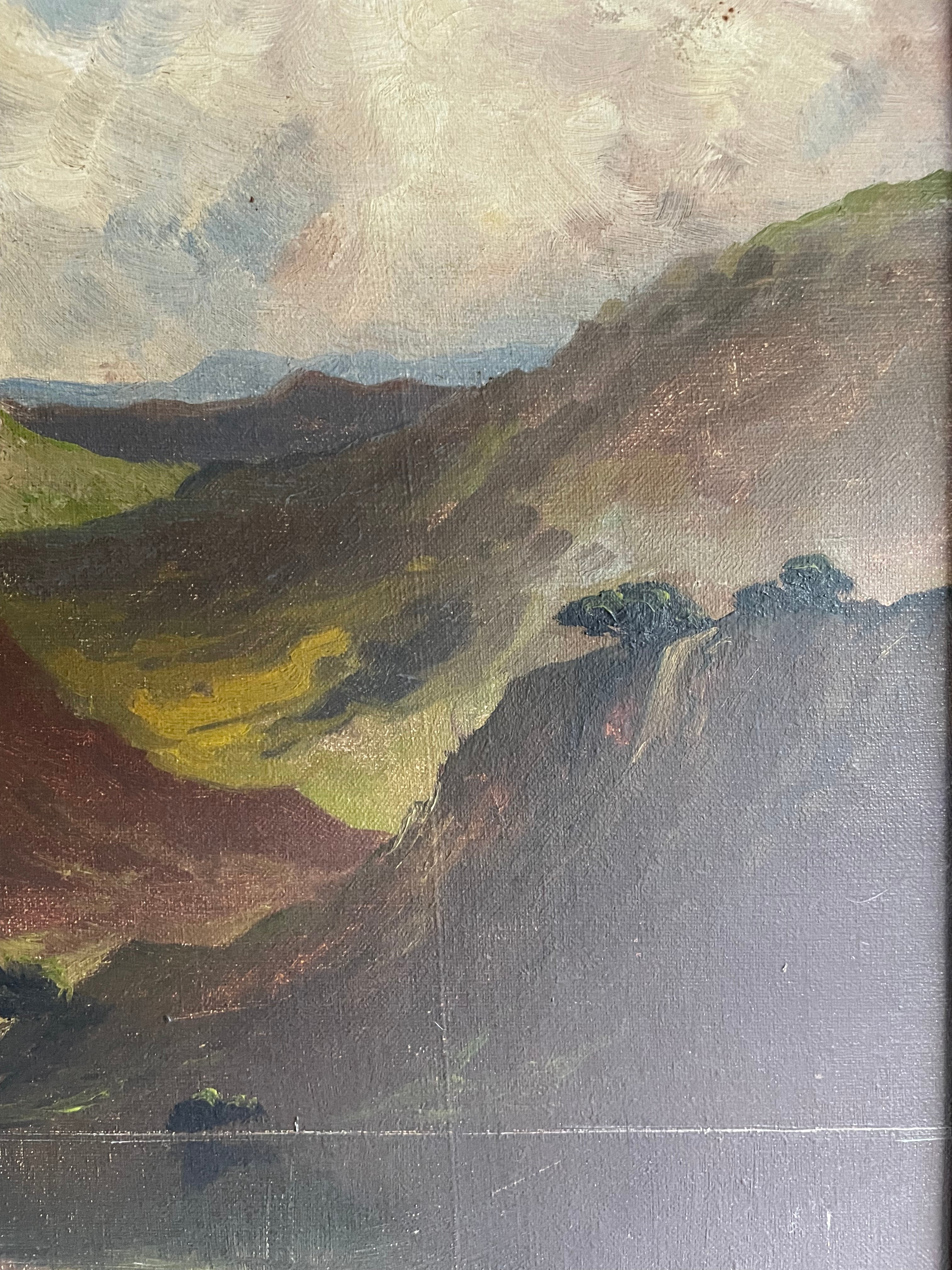 Large Signed Turn of the Century Scottish Landscape Oil on Canvas : “Mountains & Sheep”