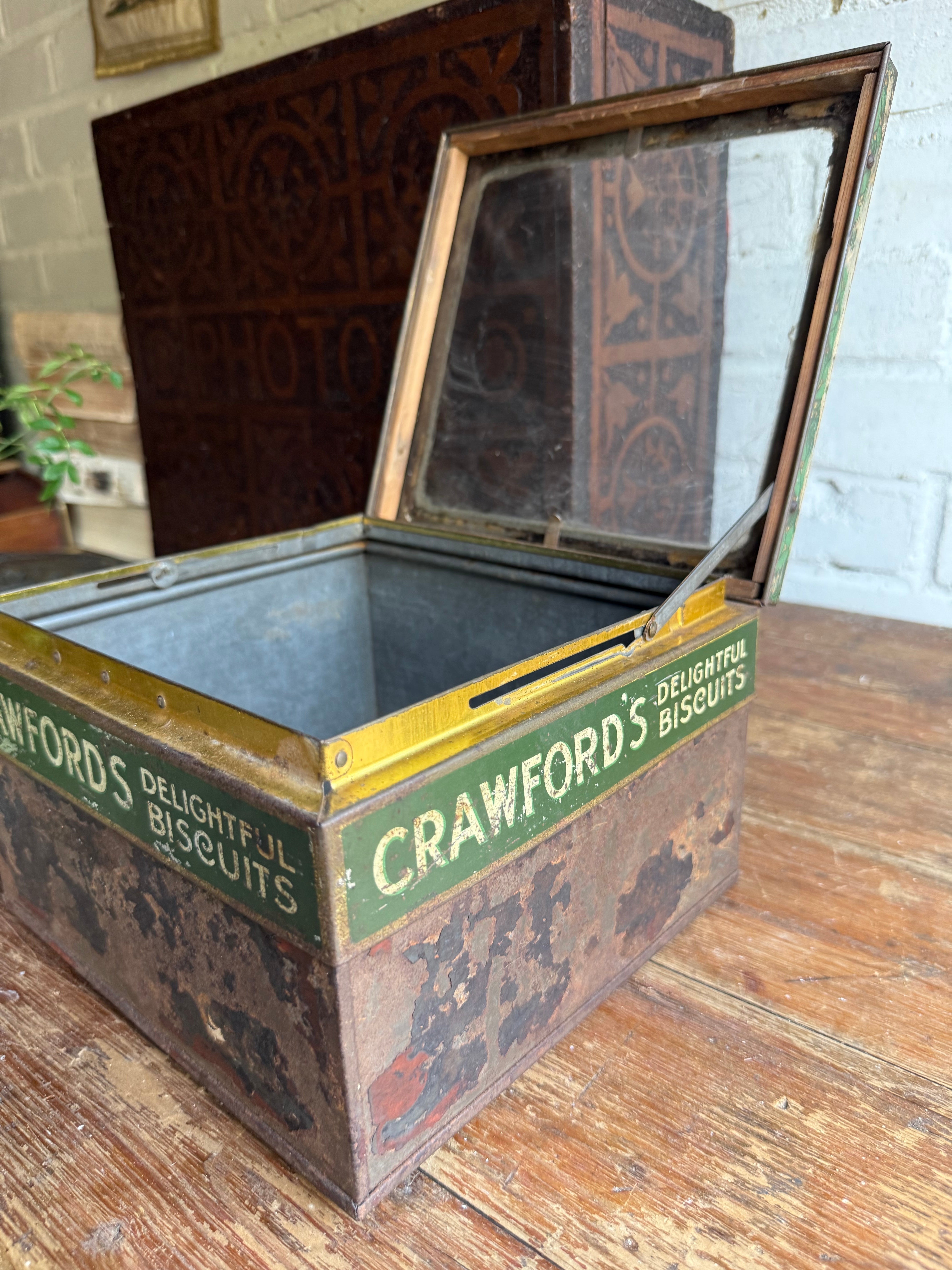 Rare Antique Crawfords Biscuit Shop Counter Display Tin with Glass Top Lid