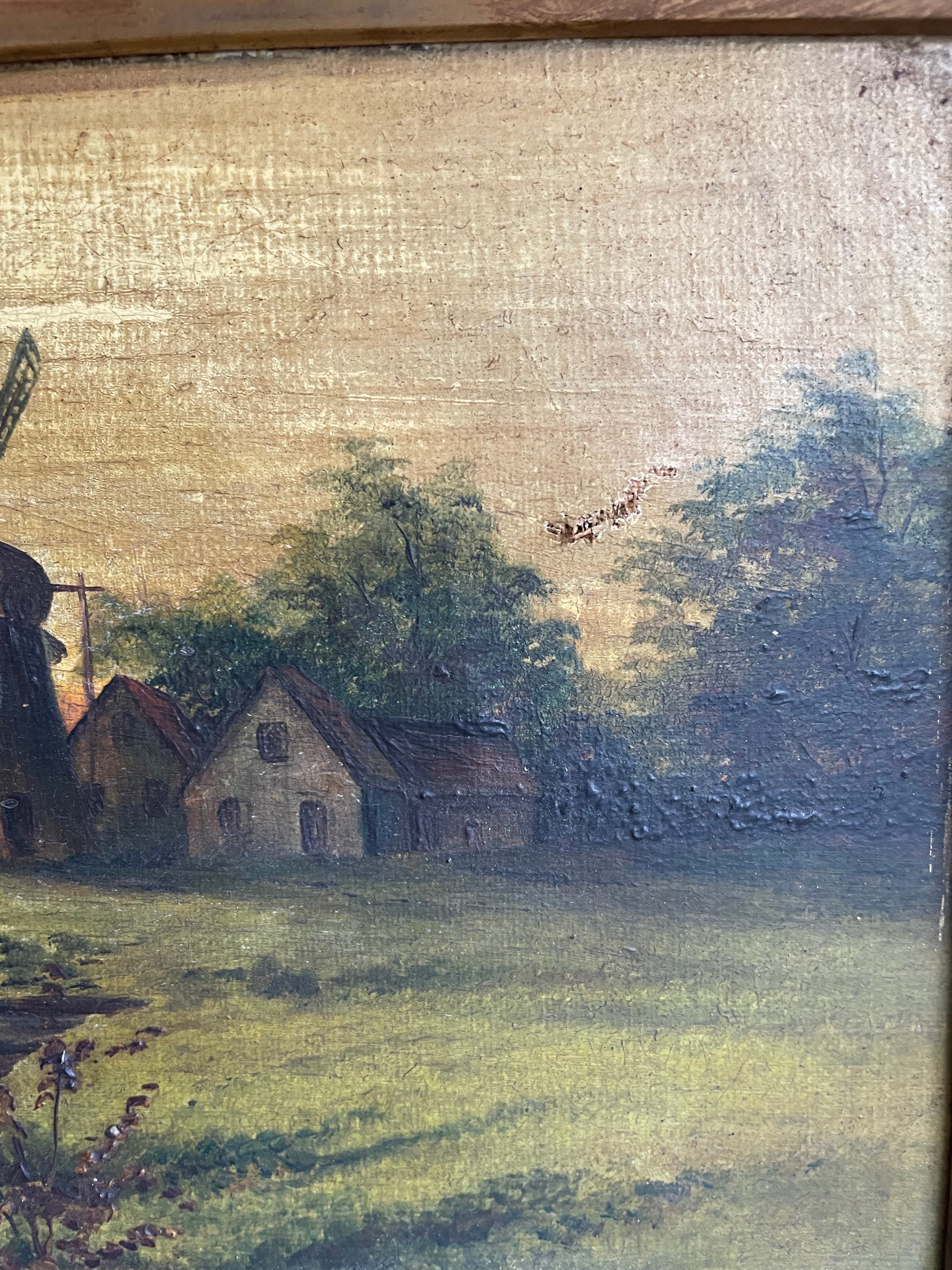 Windmill at Sunset: 19th Century Oil on Canvas