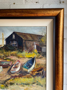 Fishing Boats: Large Midcentury Oil Painting
