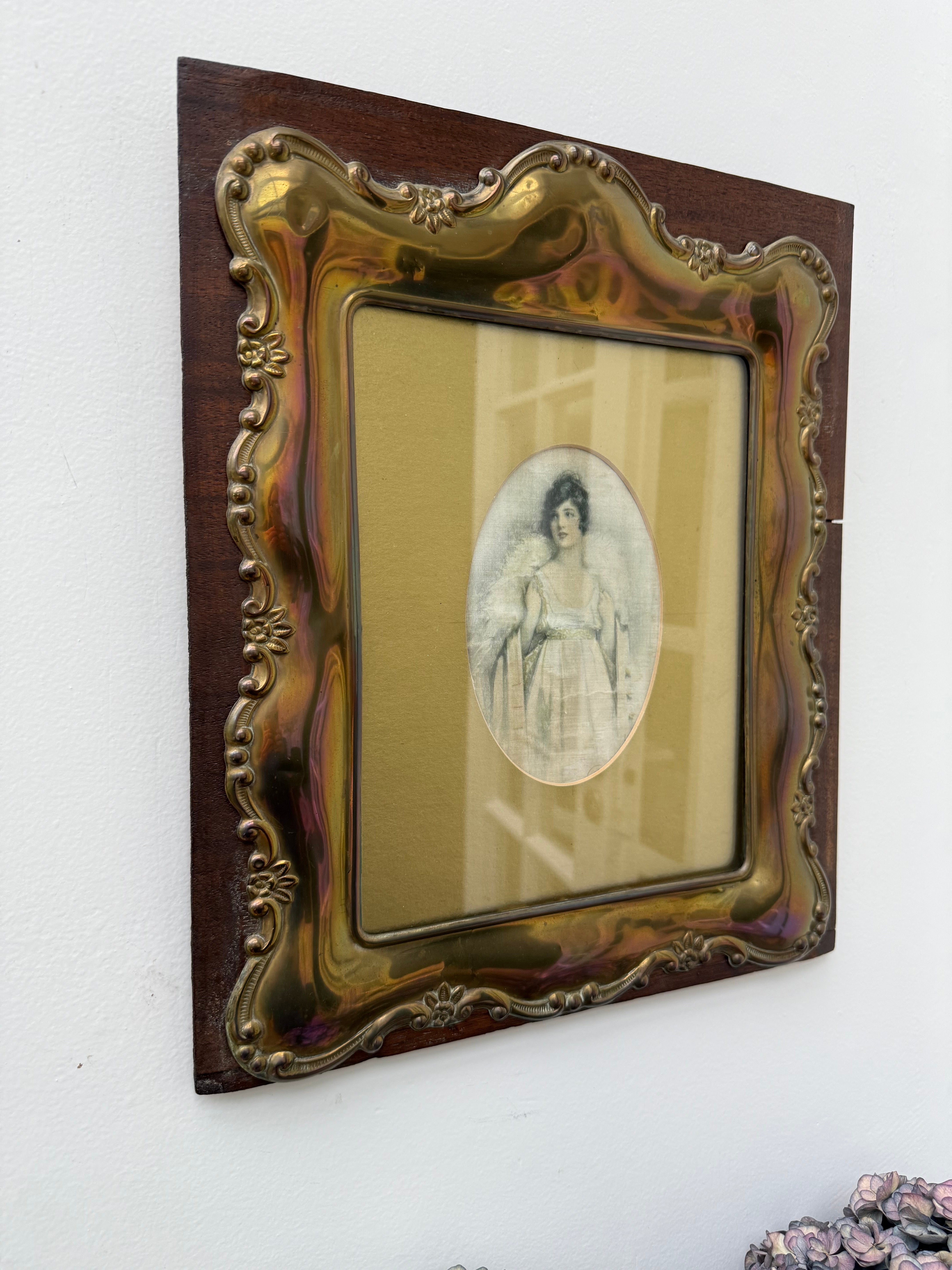 Circa 1910: Portrait Painting of a Lady on Silk with Gilt Metal & Oak Frame