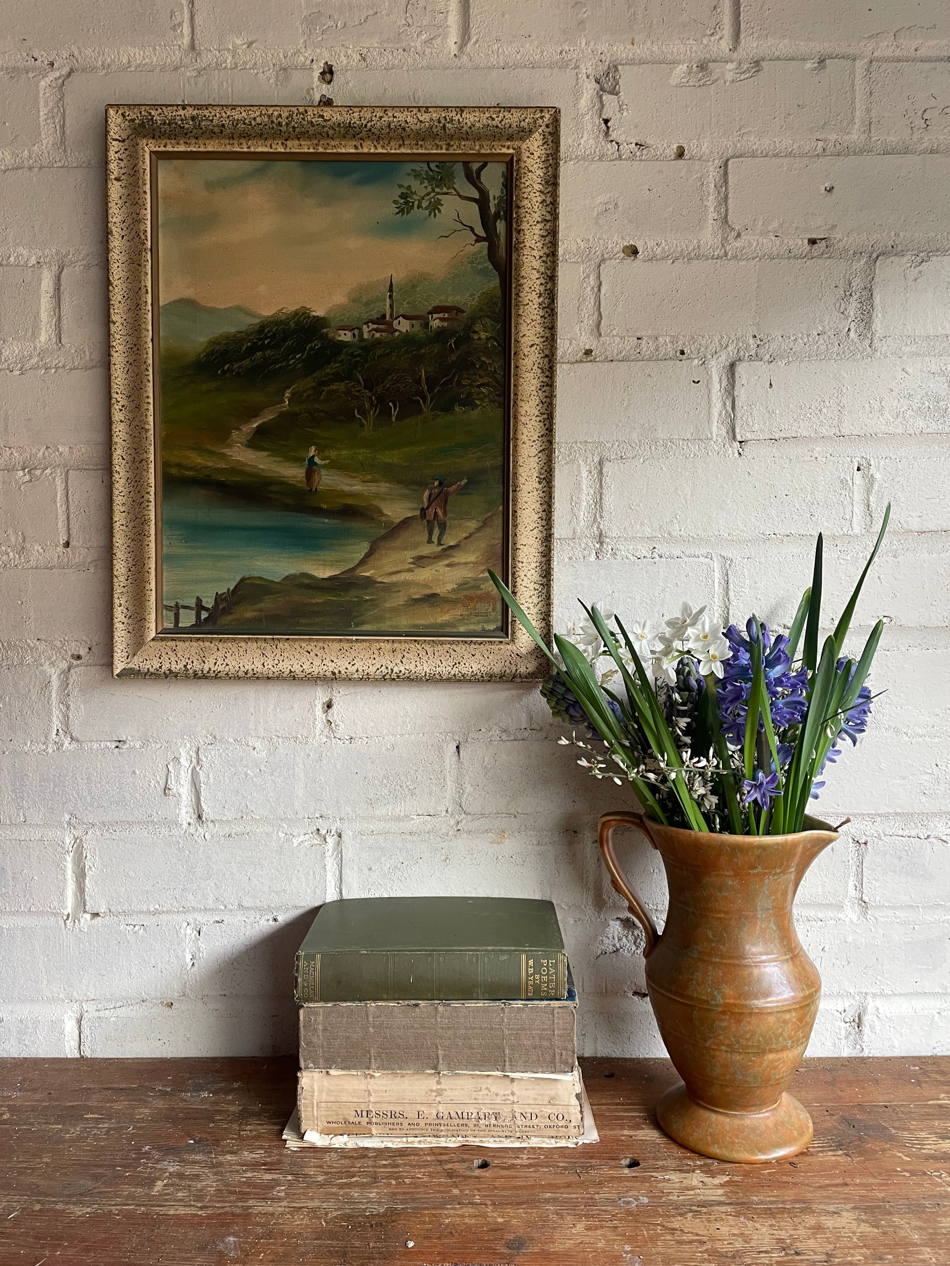 Turquoise Stream: Antique Oil on Canvas with Dappled Frame