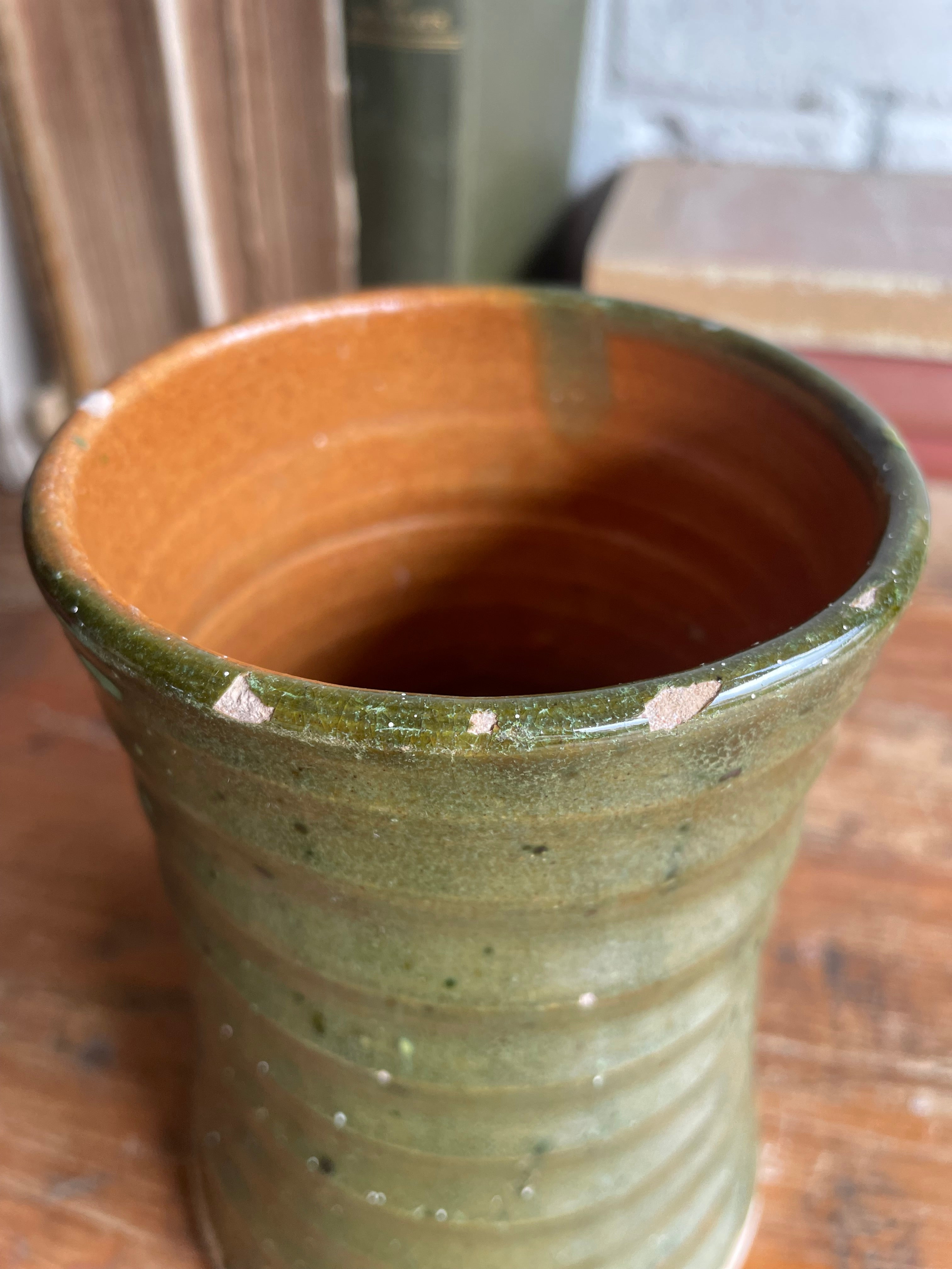 Part-Glazed Olive Green Studio Pottery Vase