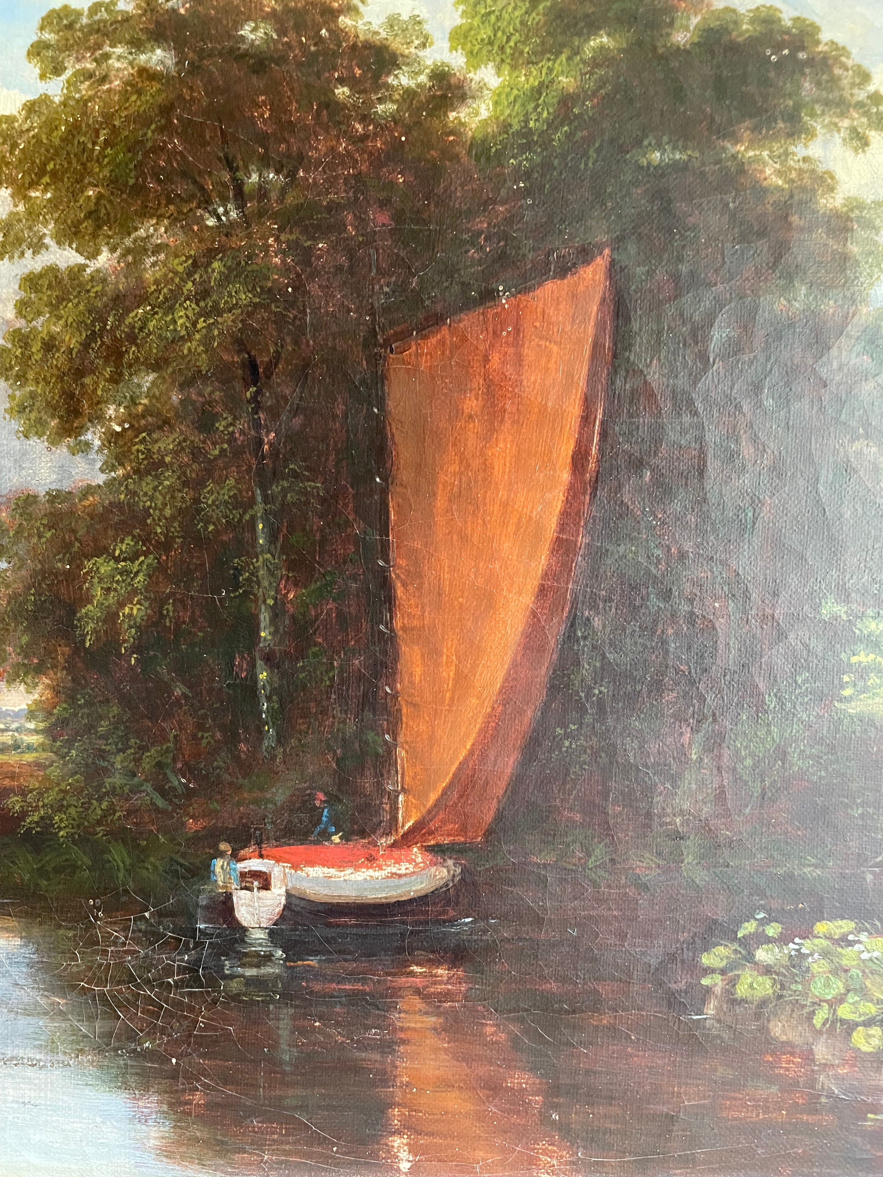 19th Century Oil on Canvas “Rural Landscape with Sailing Boat"