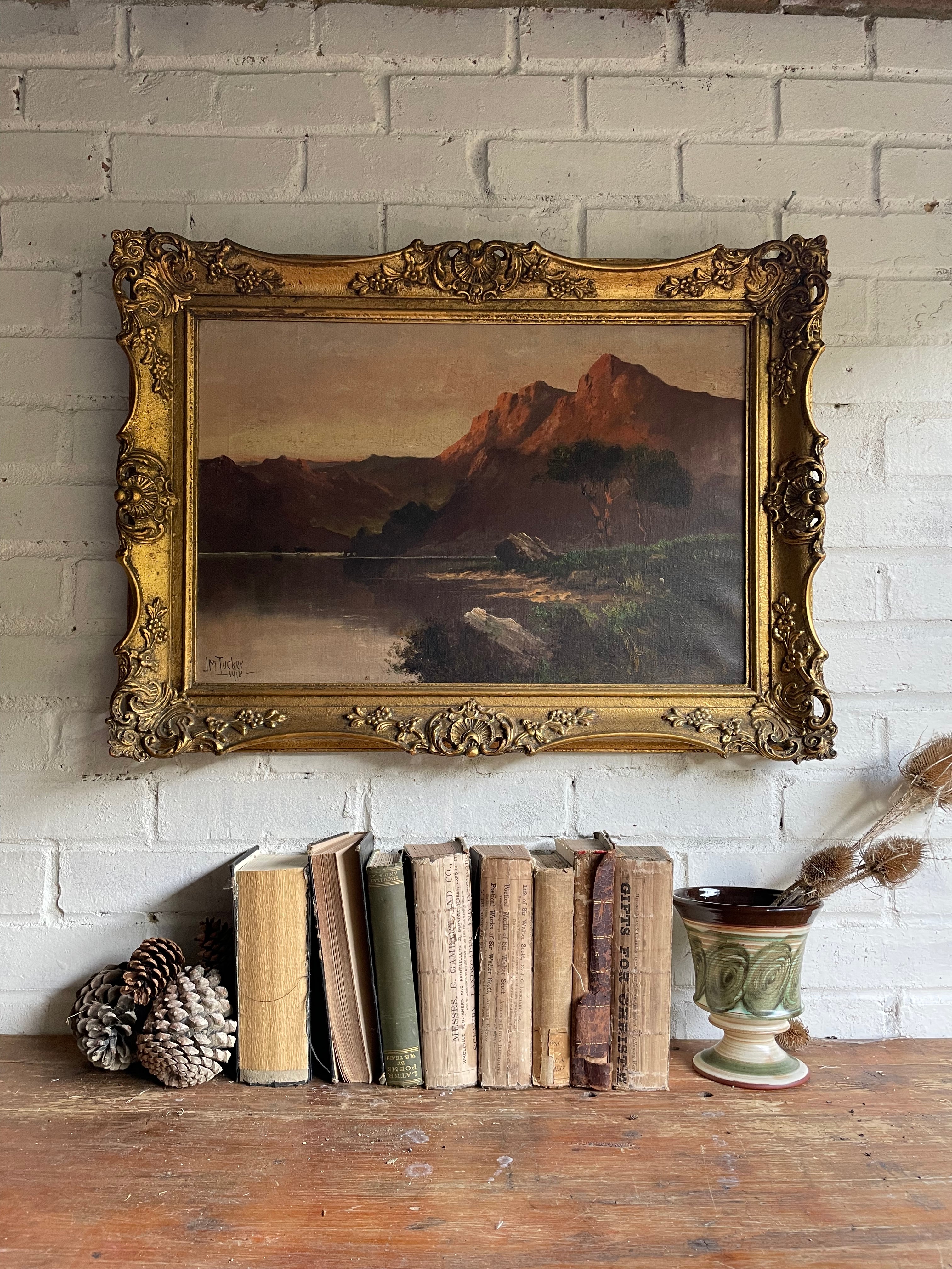 Large Signed 1918 Scottish Landscape Oil on Canvas : “Mountains, Cattle & Lake”