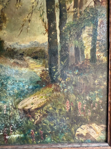 Early 20th Century Oil on Board In Oak Frame: Moody Forest