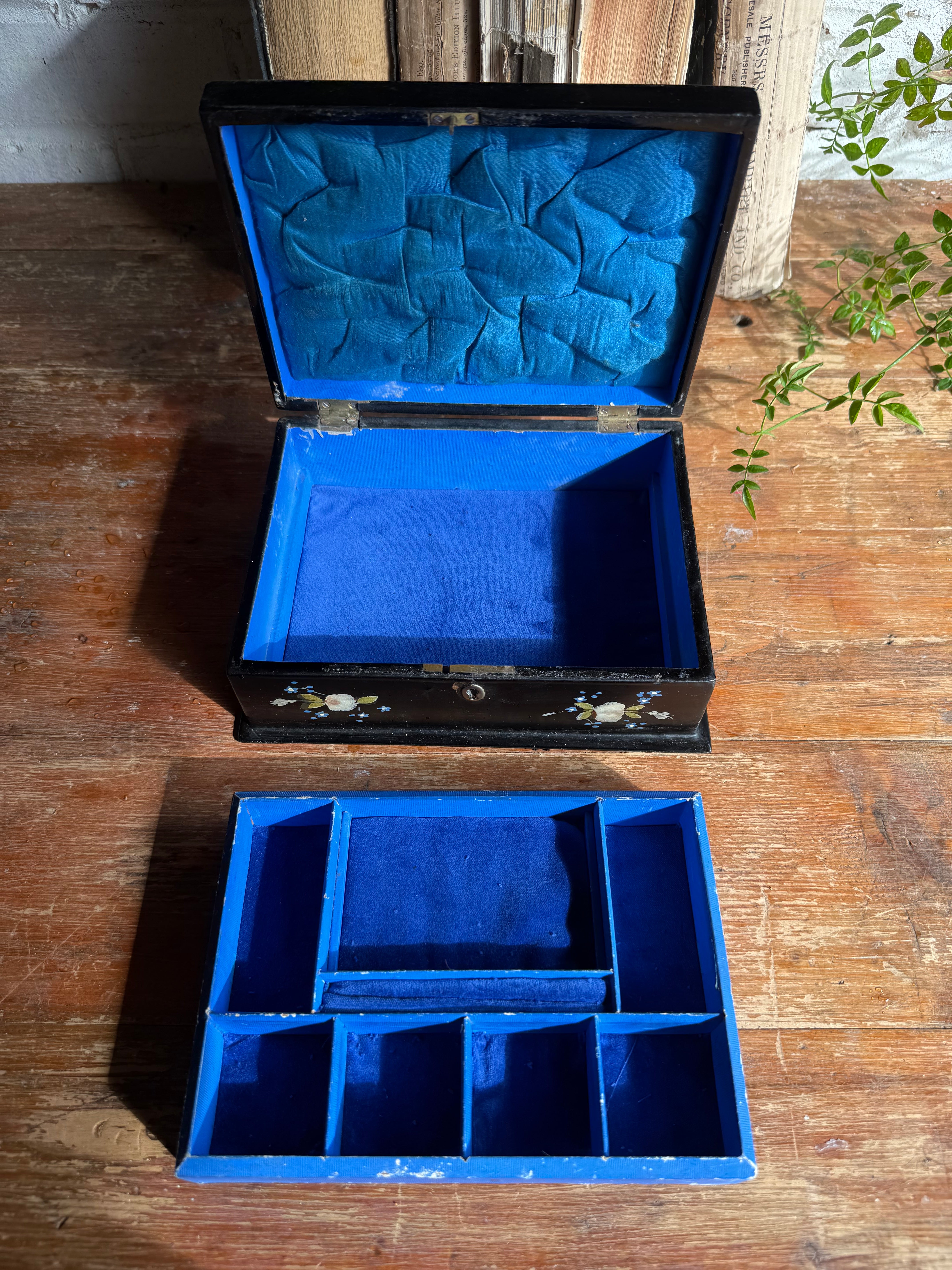 19th Century Hand-Painted Laquered Jewellery Box with Mother of Pearl Inlay