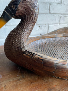 Duck-Shaped Wooden and Rattan Tray
