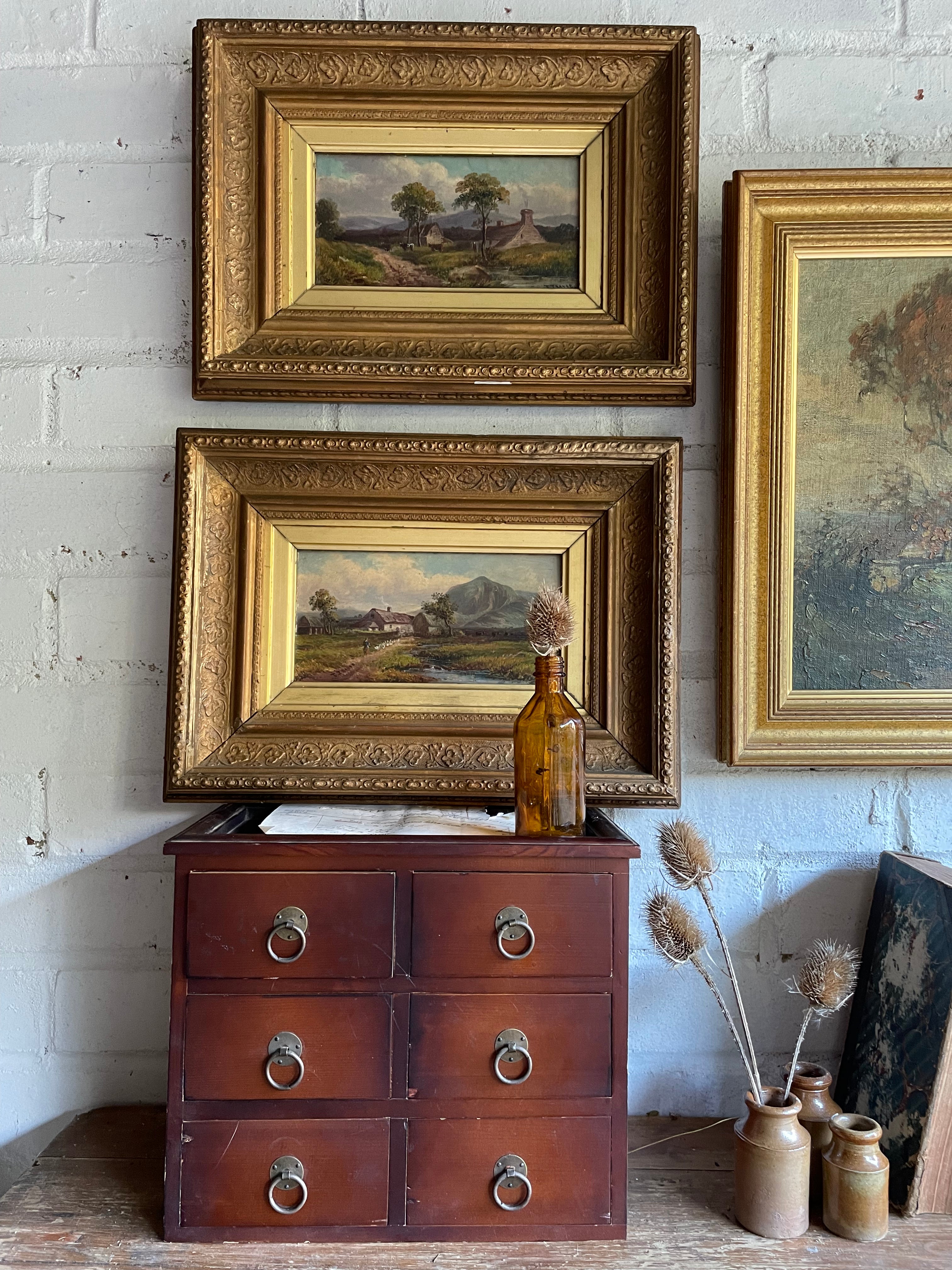 Rural Landscape with Cows Grazing: 19th Century Signed Oil on Wood with Gilt Frame