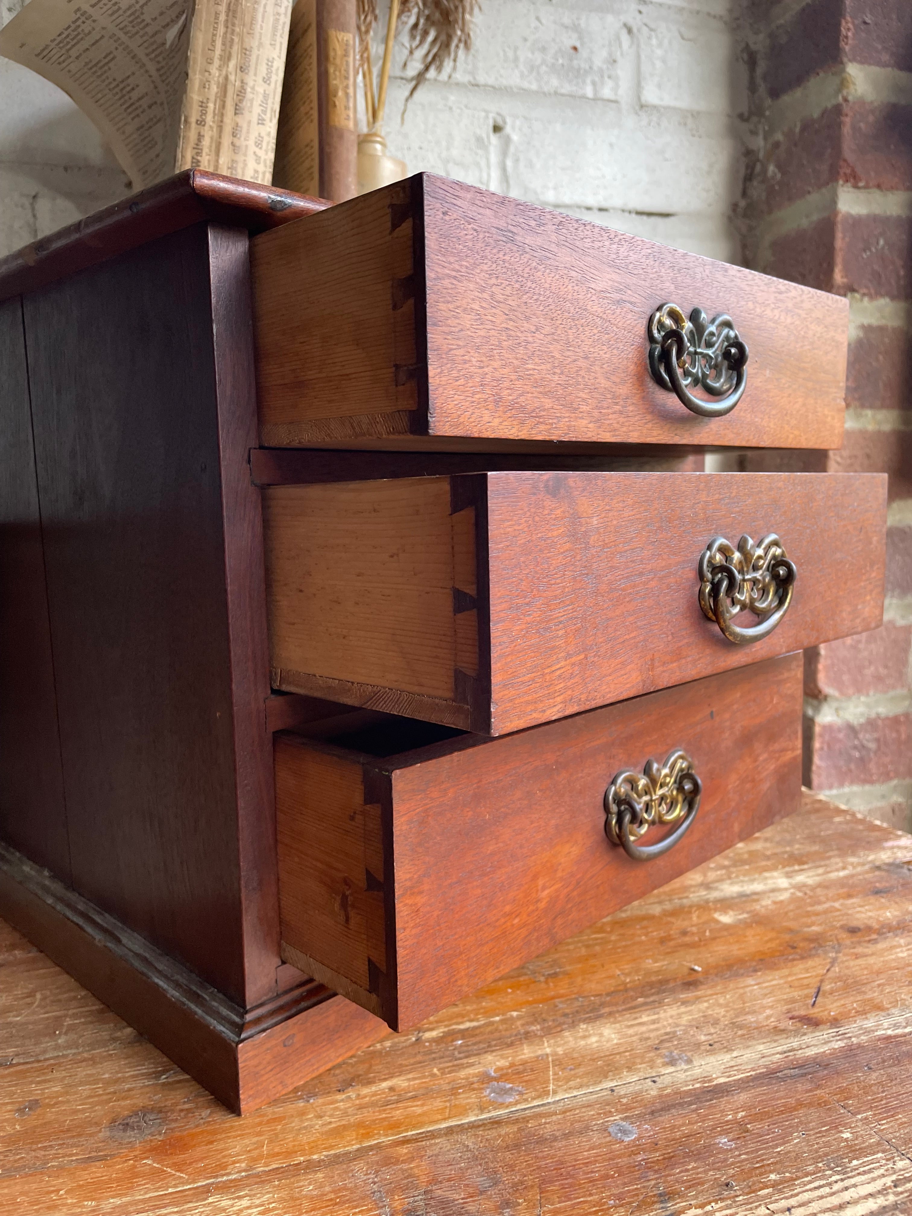 UK only delivery. 1930s American Tabletop Drawers with Brass Handles. Were £100 now £65 at checkout