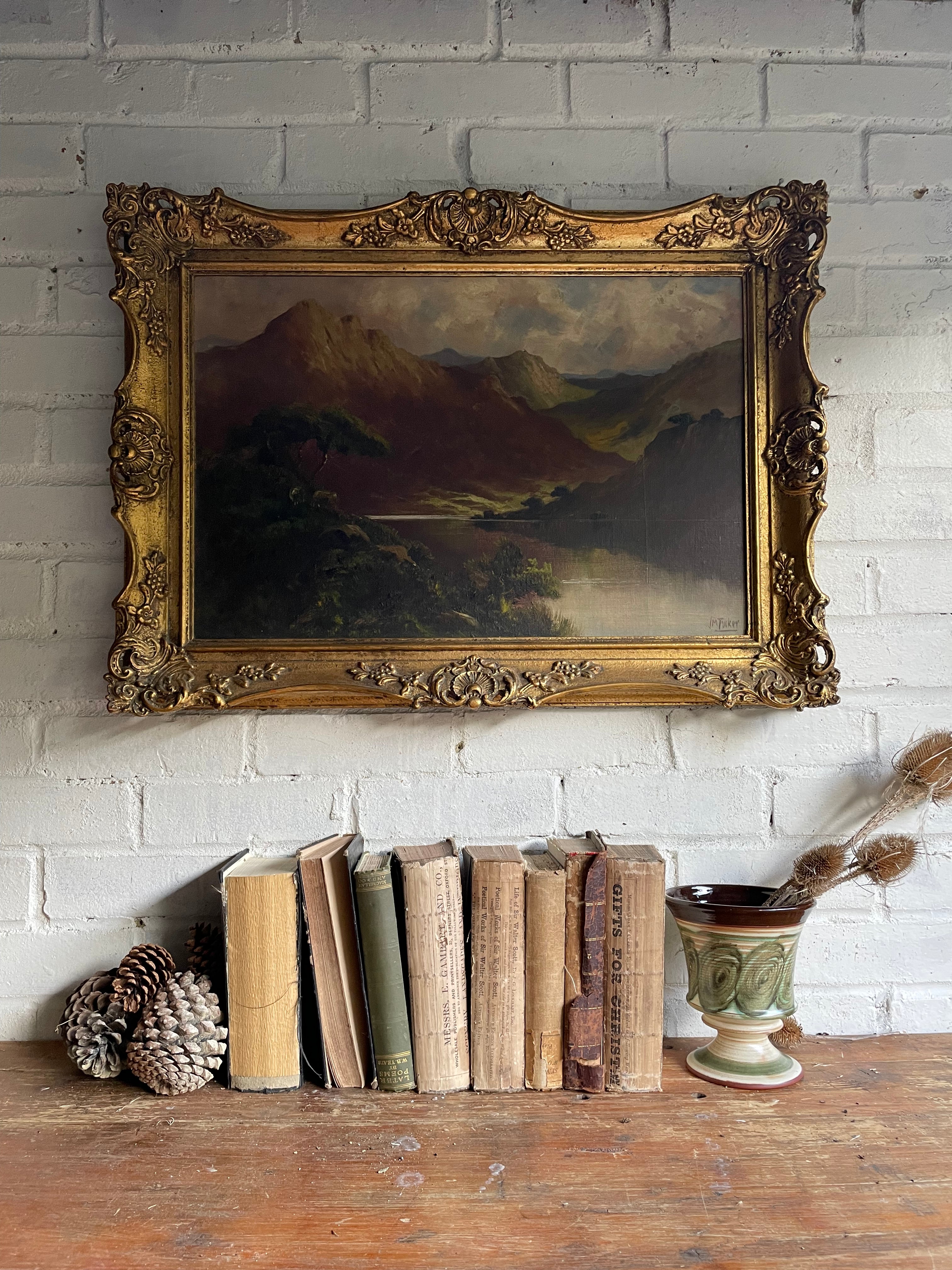 Large Signed Turn of the Century Scottish Landscape Oil on Canvas : “Mountains & Sheep”