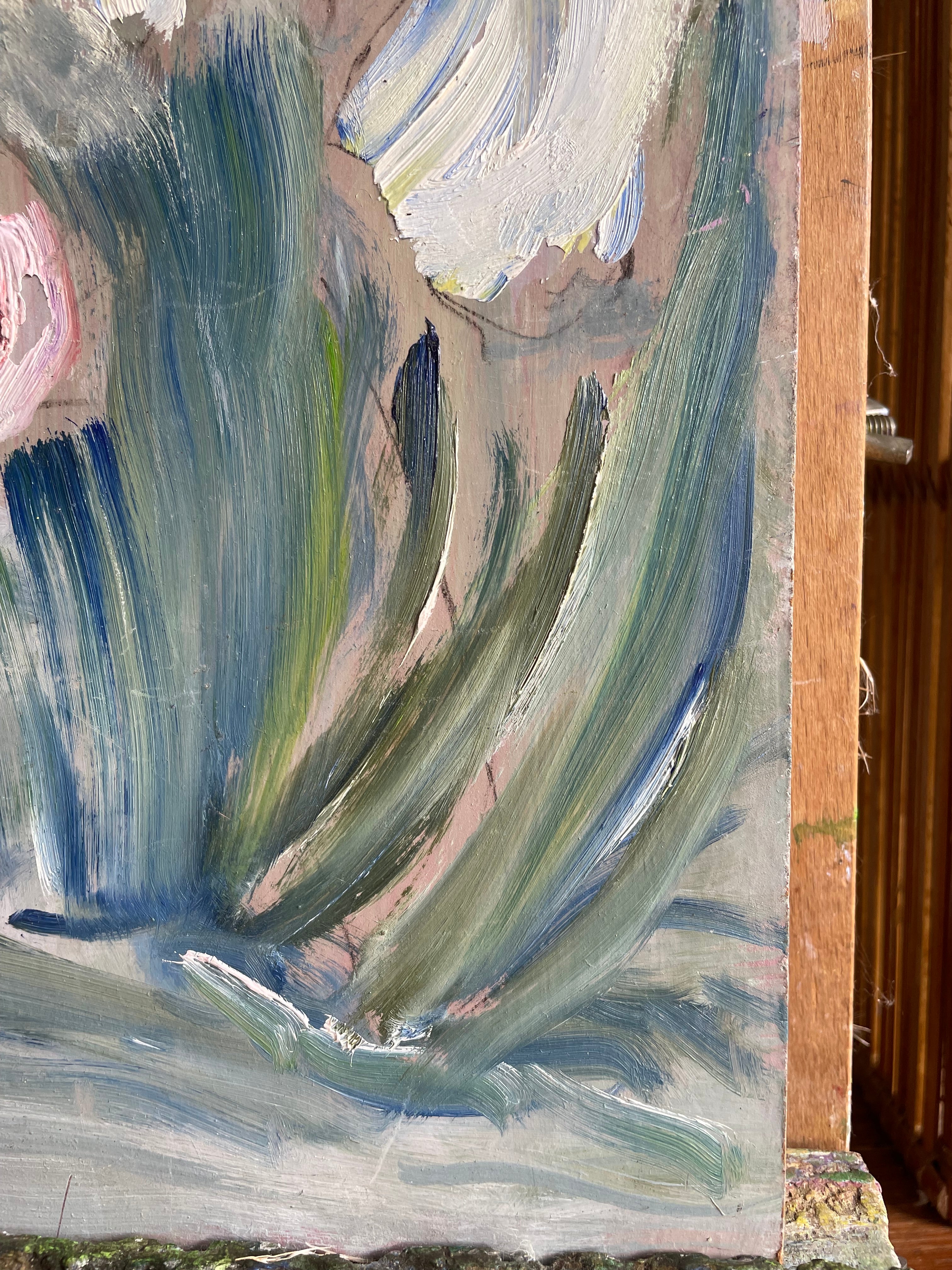 Irises: Vintage Oil on Wood Board