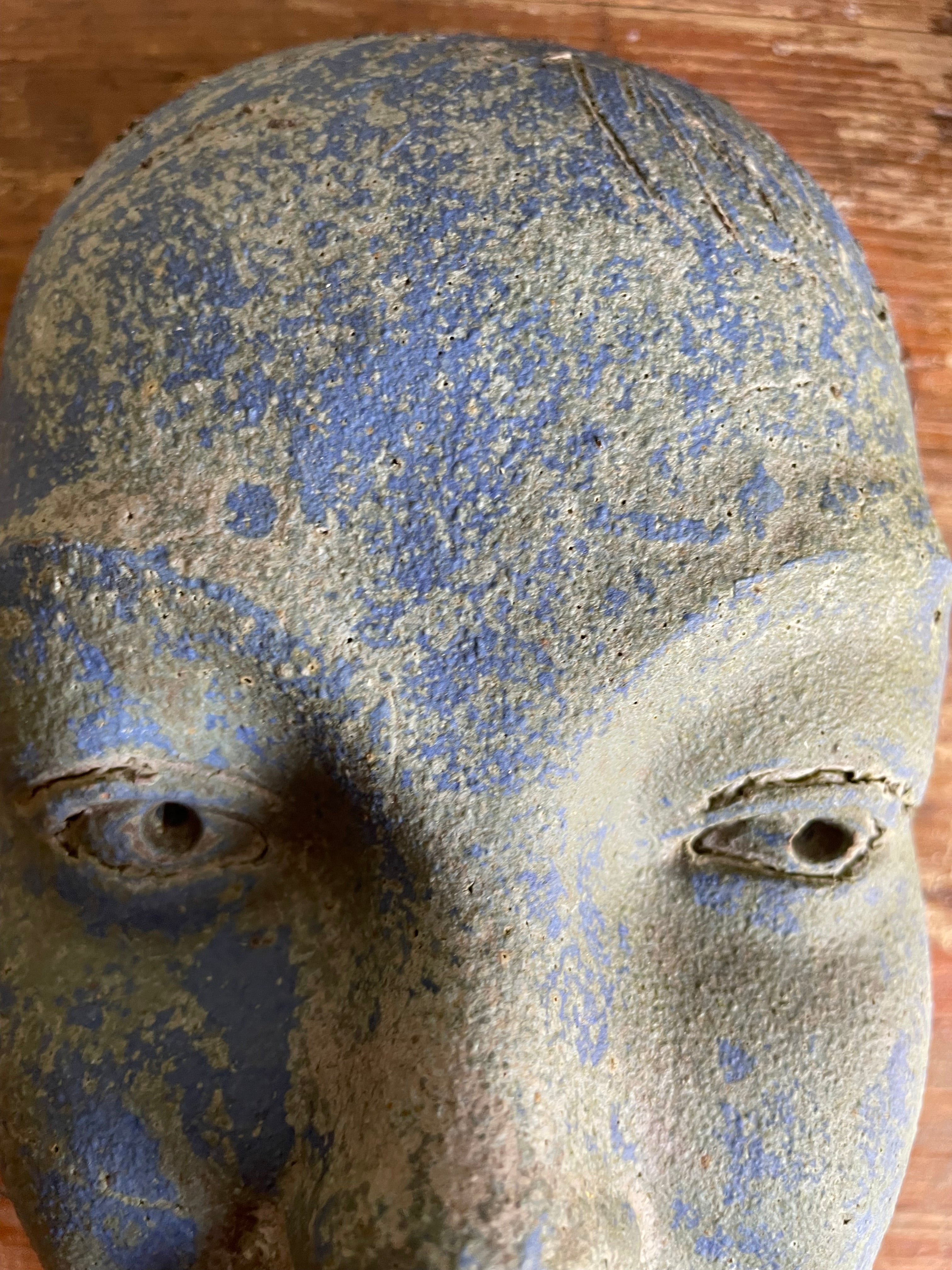 Decorative Sculptural Clay Face in Blue Hues