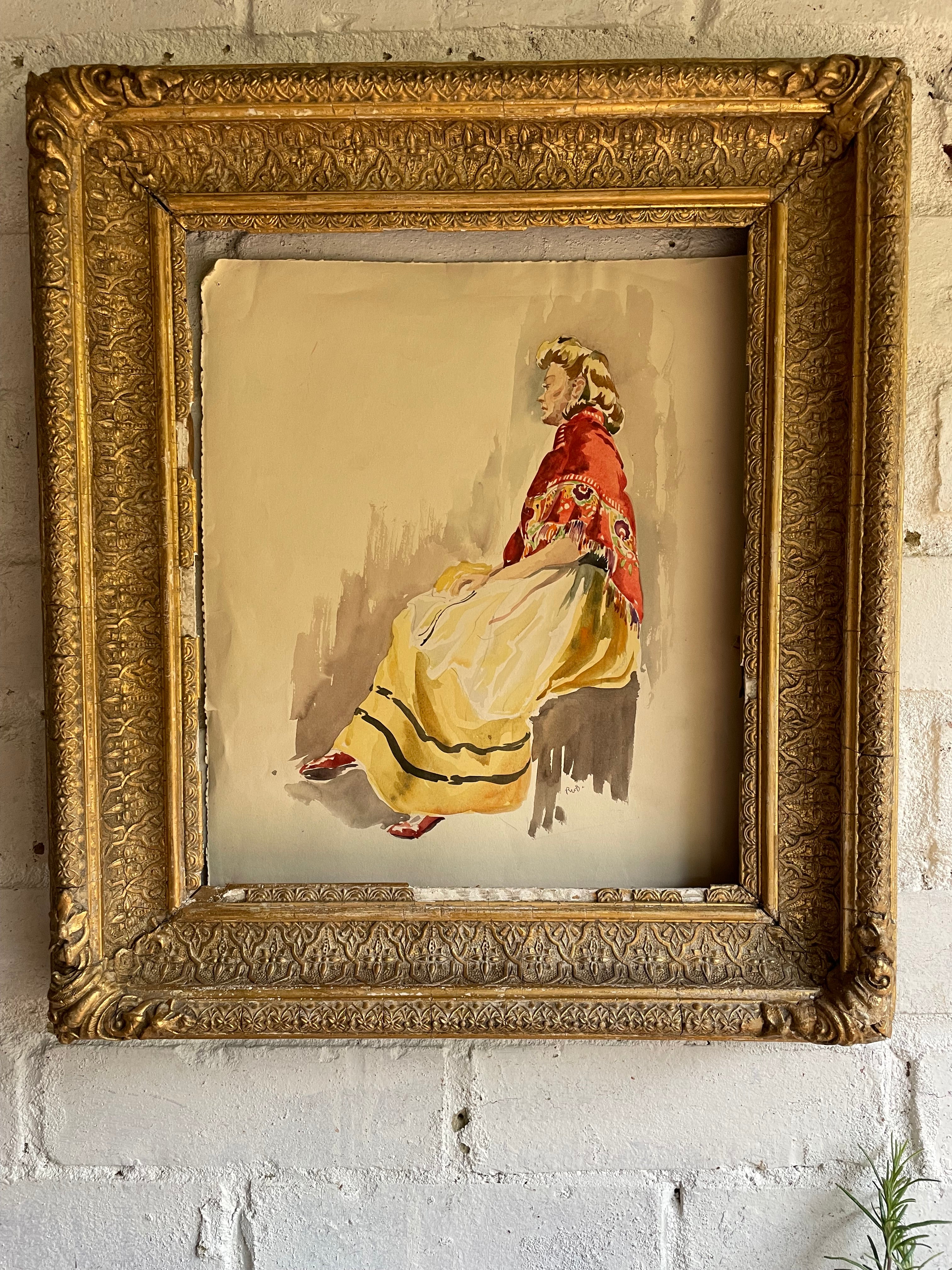 Women with shawl: Watercolour & Ink Painting Circa 1940s