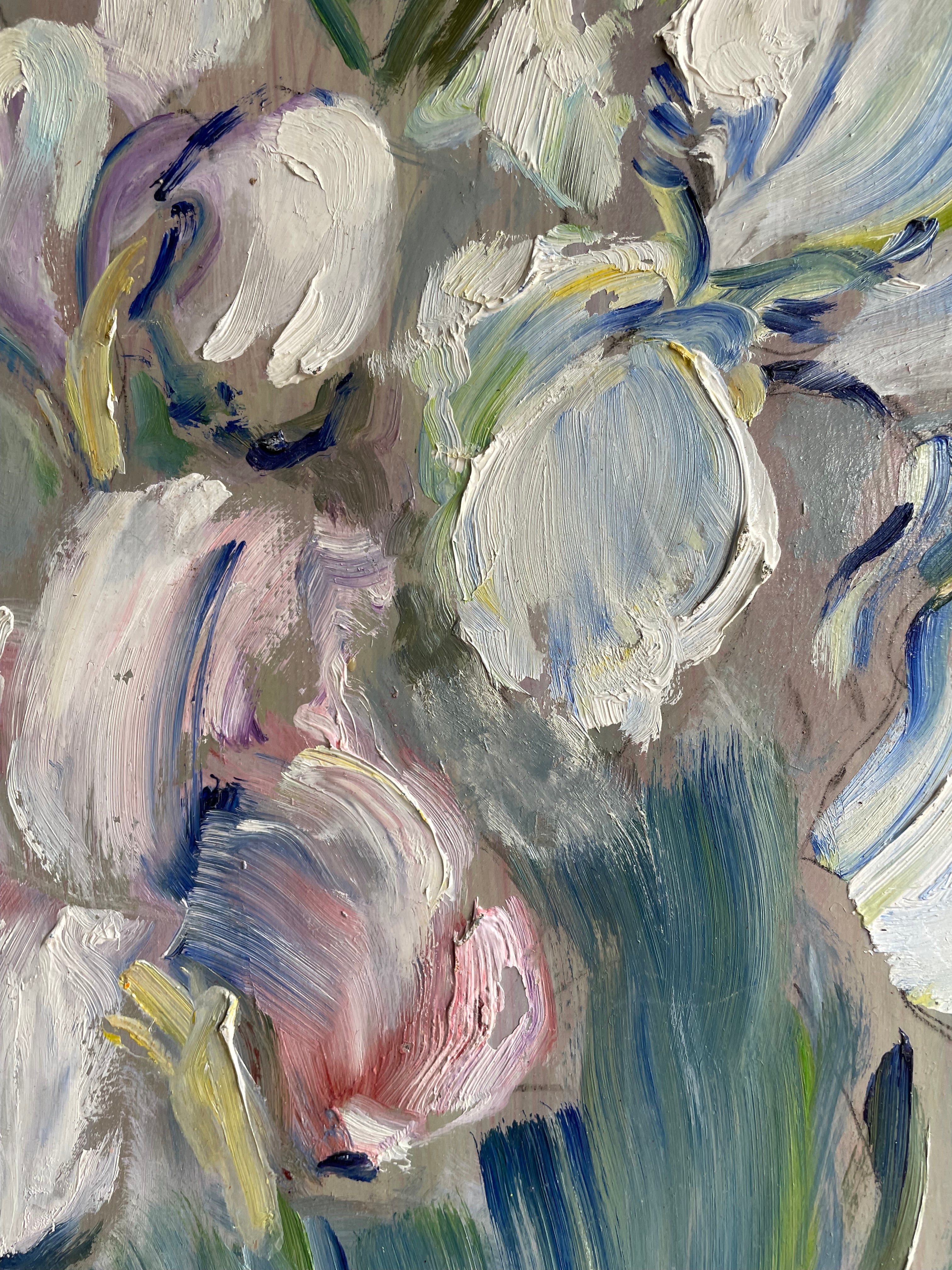 Irises: Vintage Oil on Wood Board