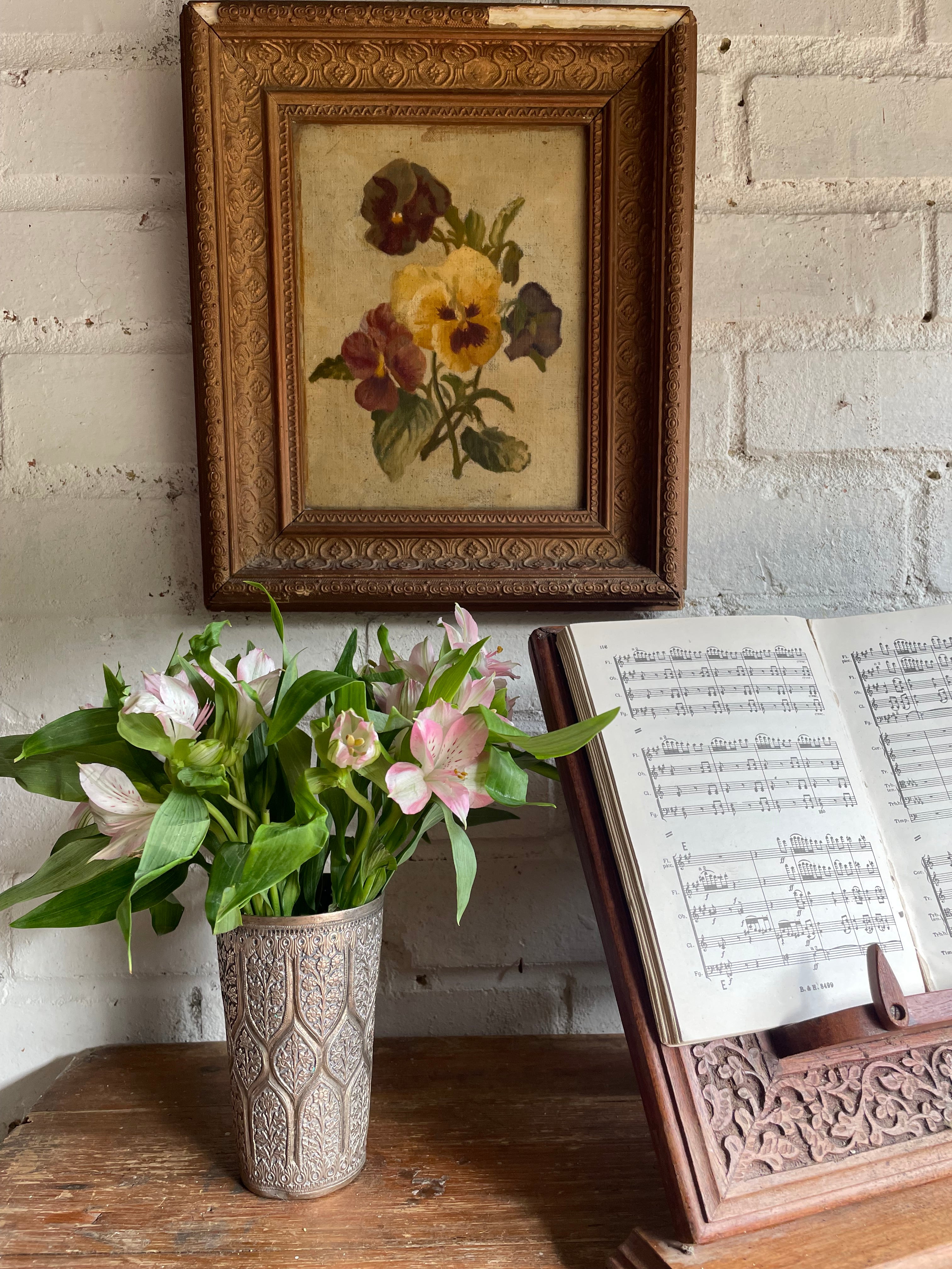 Early 1900s Still Life of Pansies: Antique Oil on Hessian Canvas