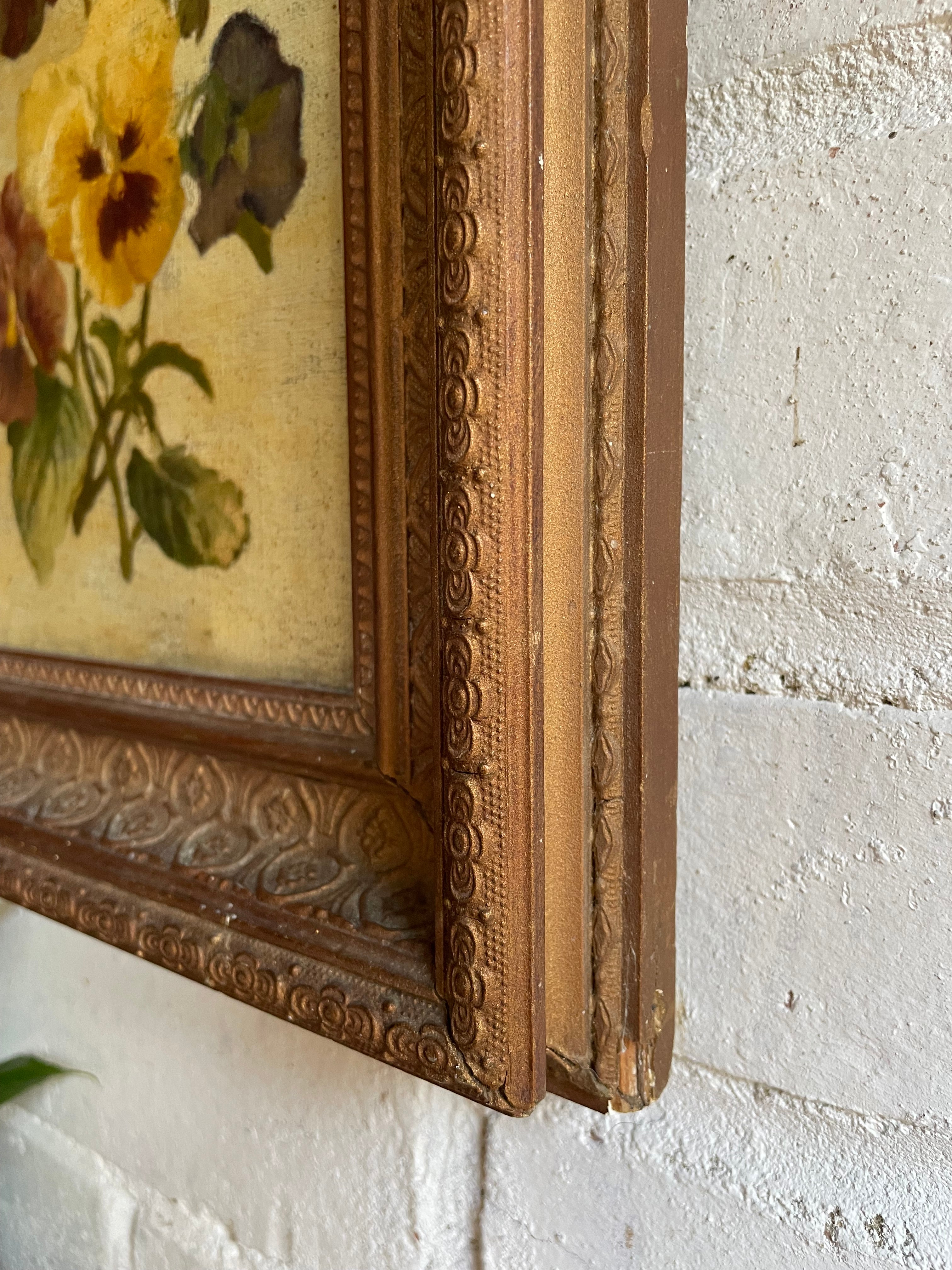 Early 1900s Still Life of Pansies: Antique Oil on Hessian Canvas