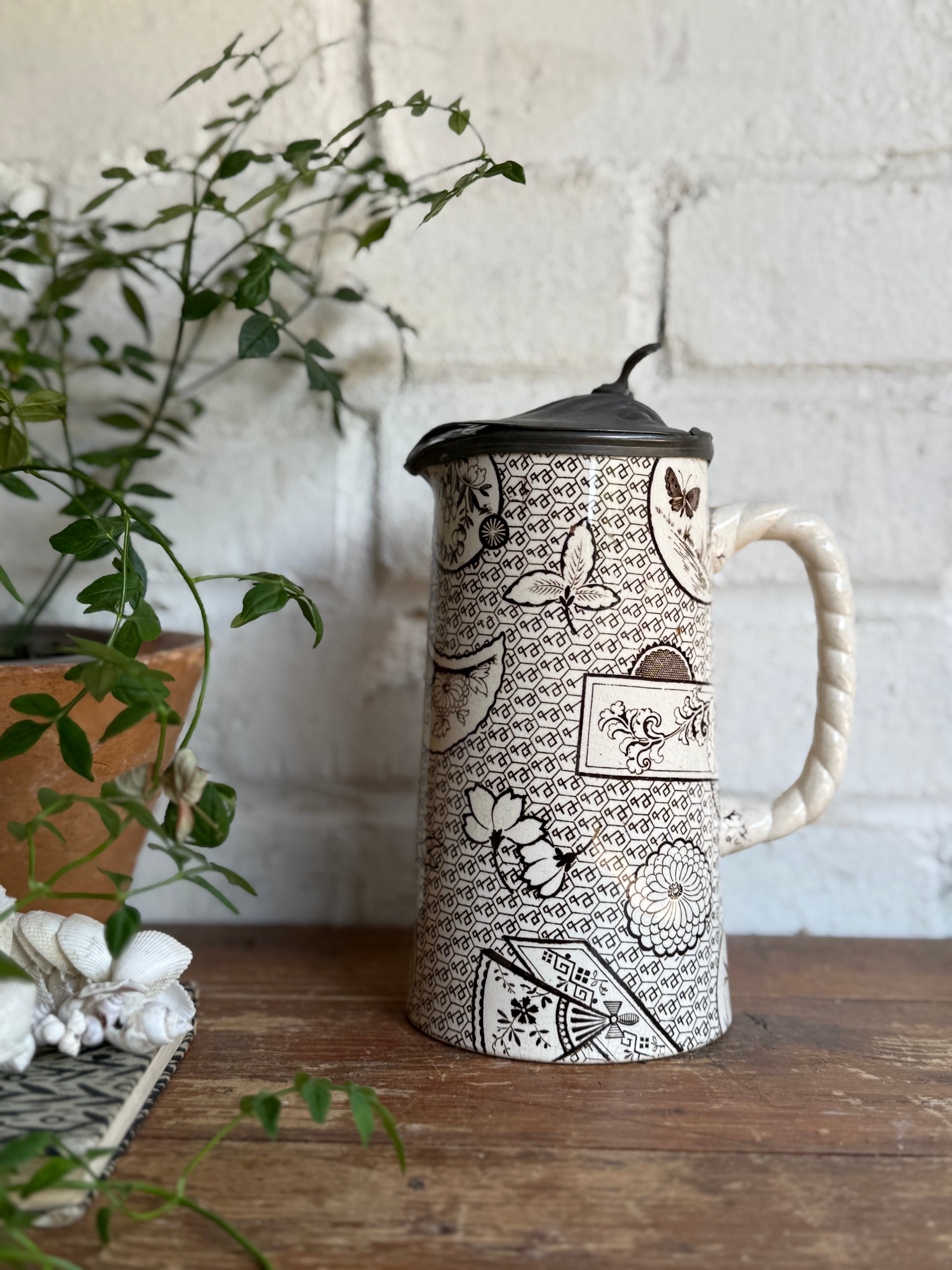 19th Century Aesthetic Movement Hot Water Pitcher with Pewter Lid
