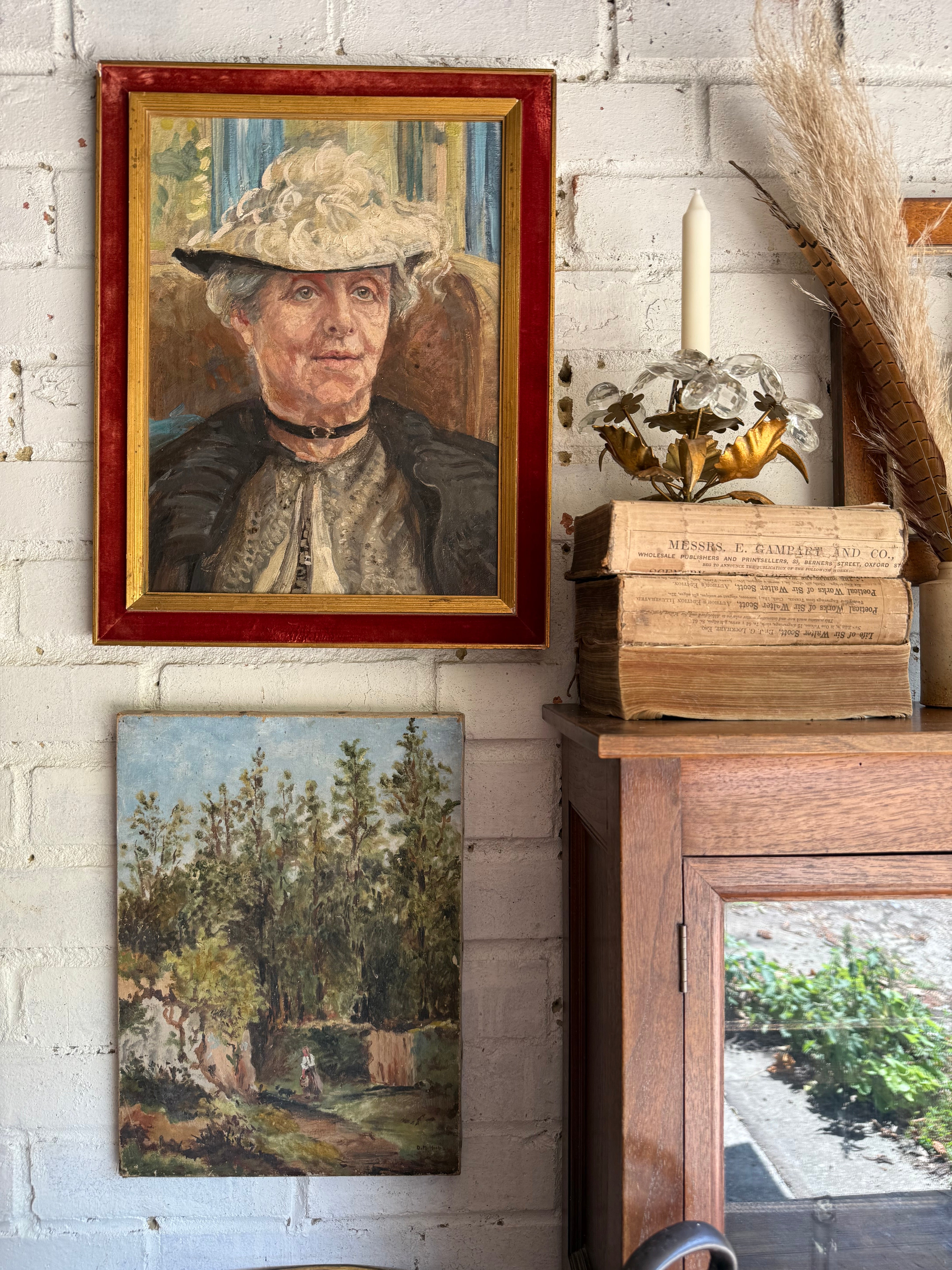 The Lace Hat: Early 20th Century Oil on Canvas with Red Velvet Frame