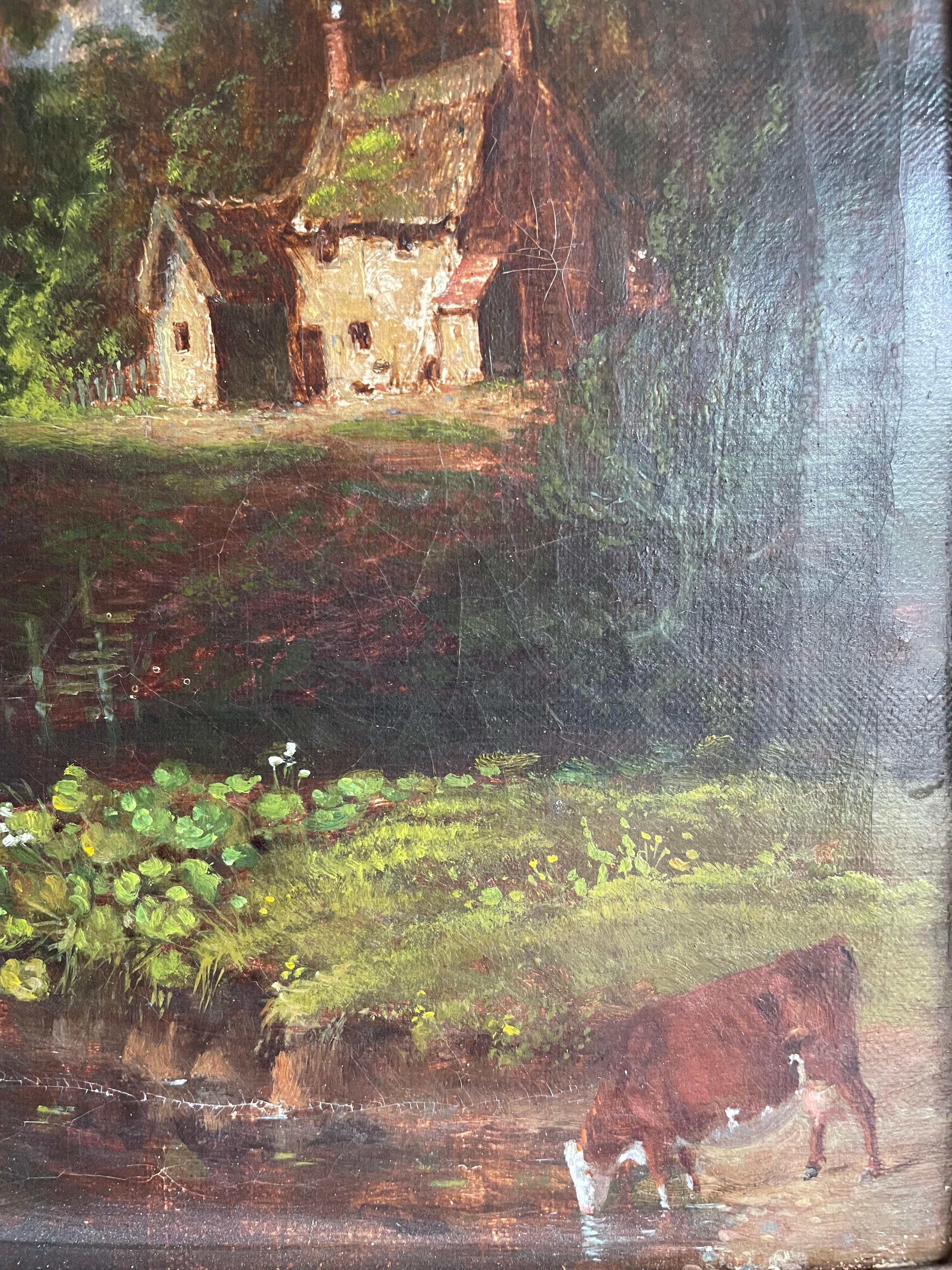 19th Century Oil on Canvas “Rural Landscape with Sailing Boat"