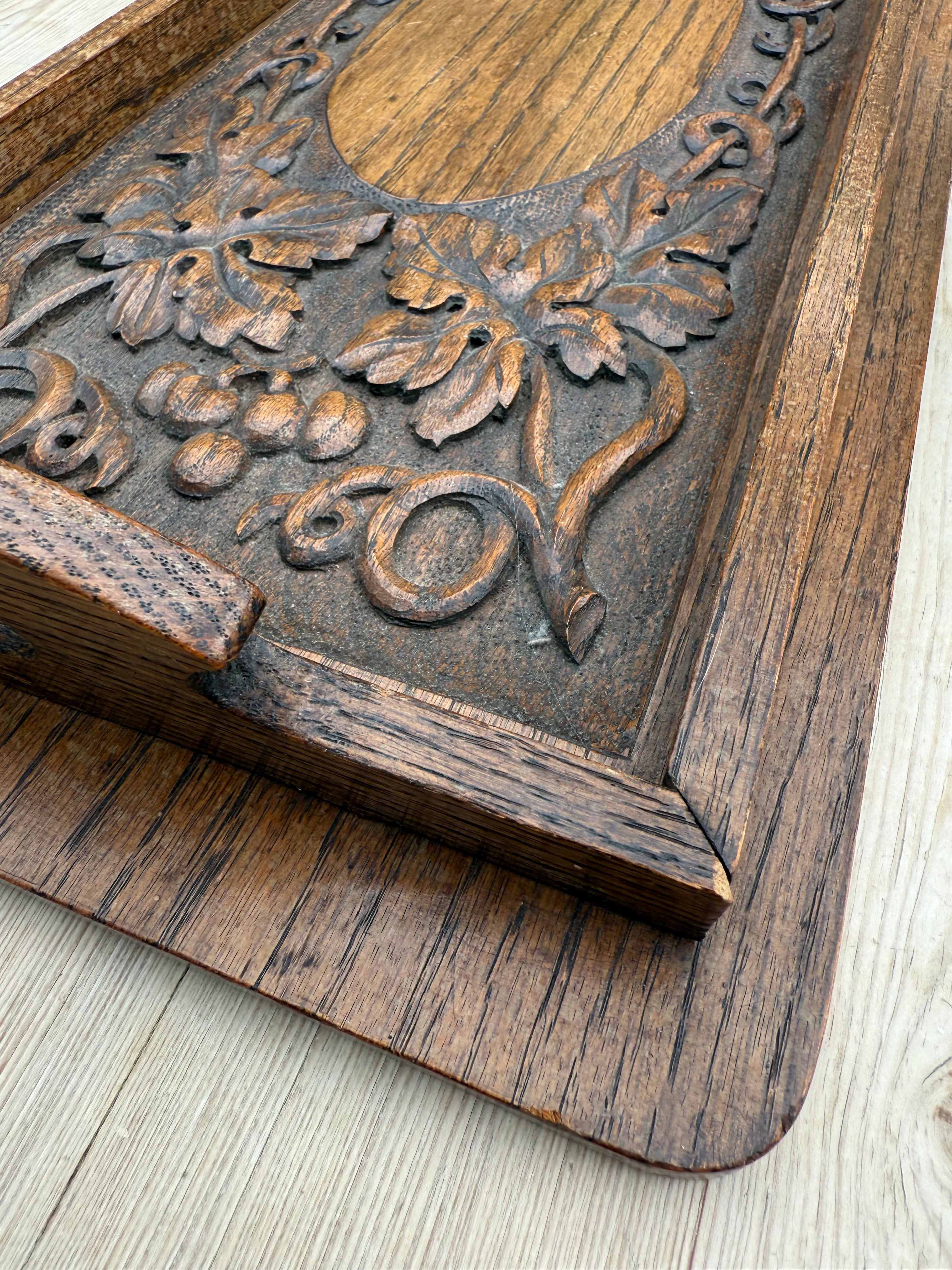 Late 19th Century Arts & Crafts Carved Oak Tray depicting Grapevines