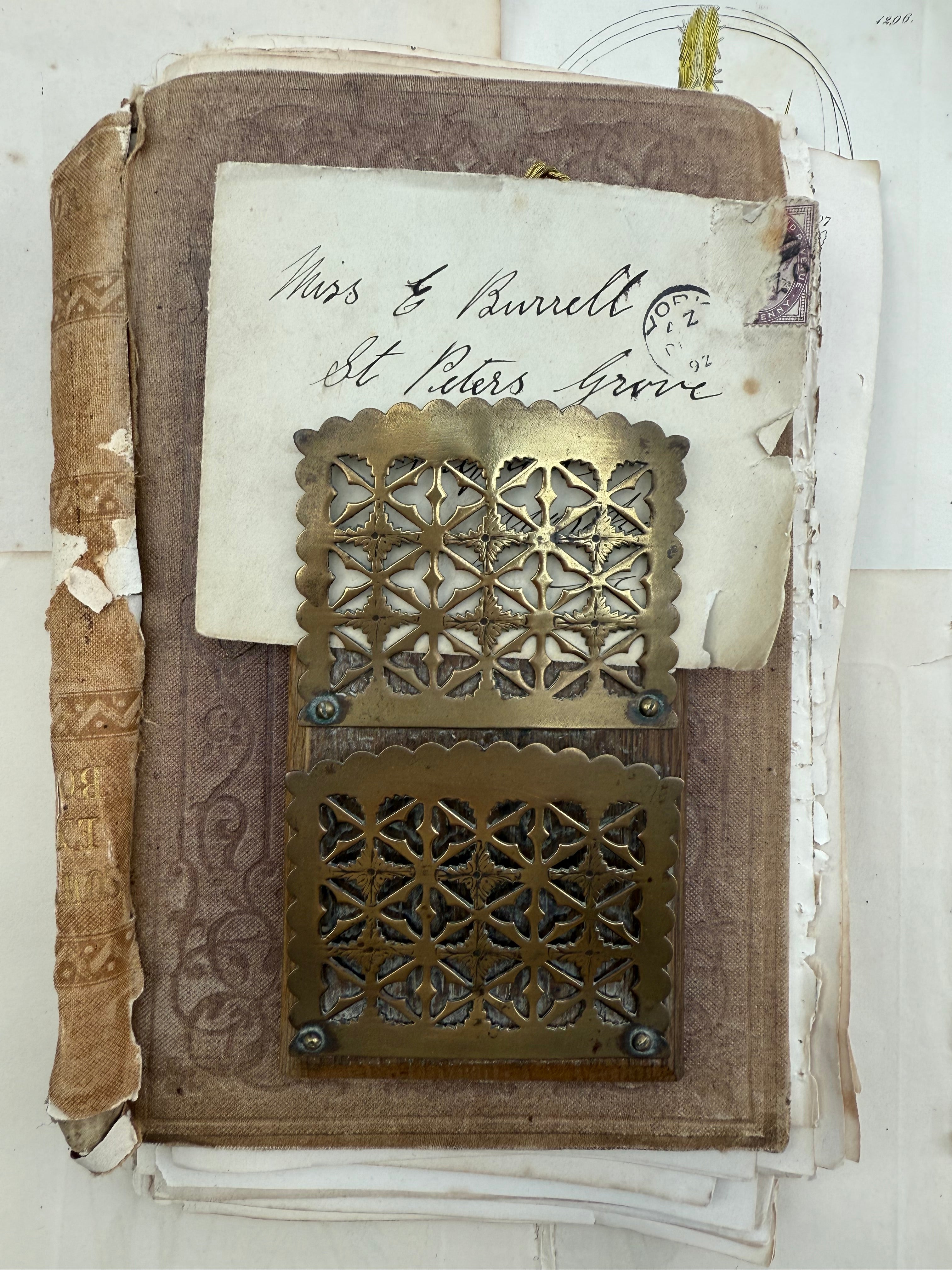 Antique Oak and Brass Wall Hanging Letter Rack