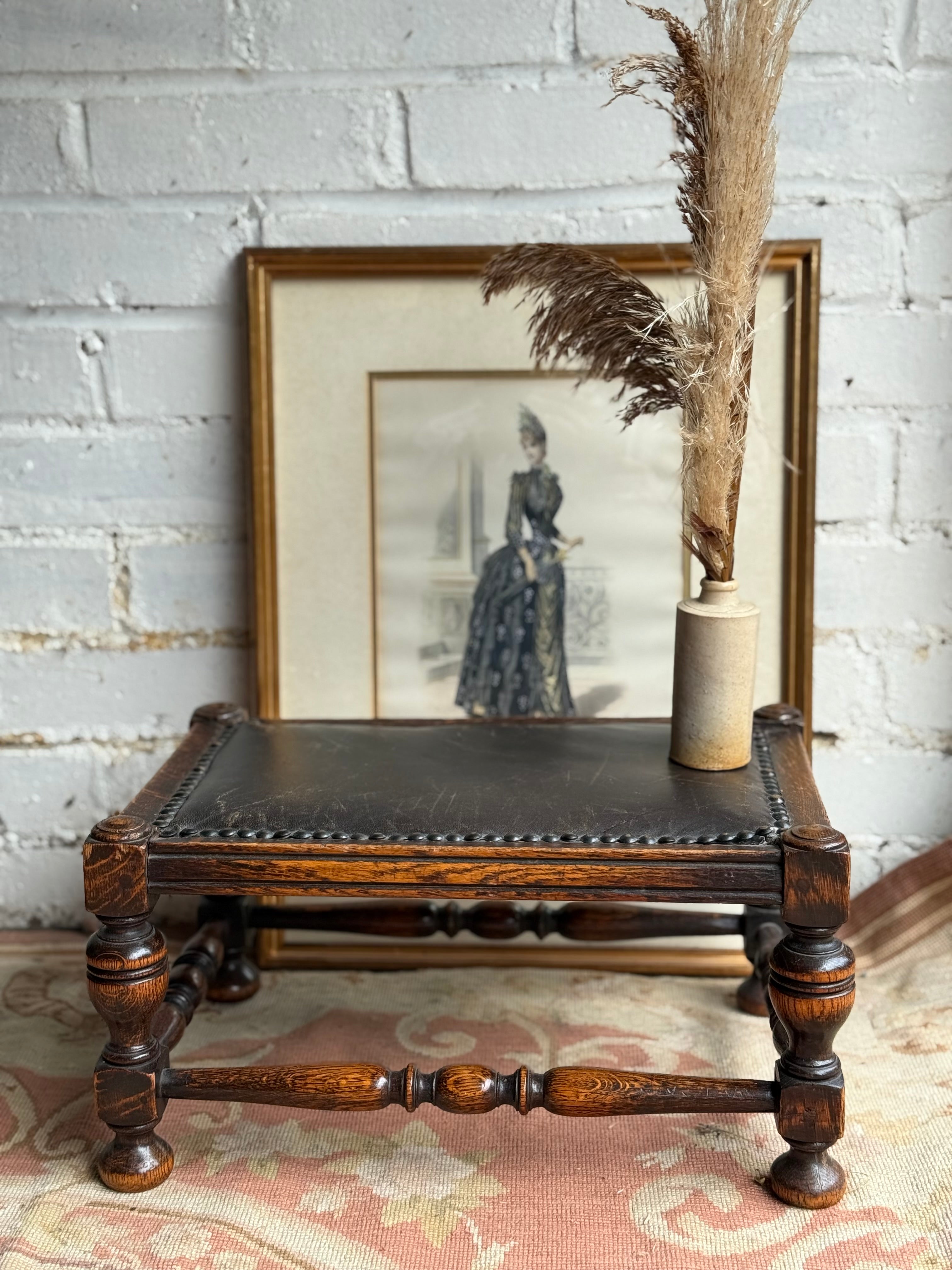 Early 1900s Edwardian Footstool with Studded Leather Seat