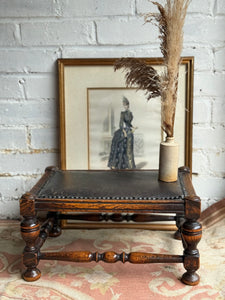 Early 1900s Edwardian Footstool with Studded Leather Seat
