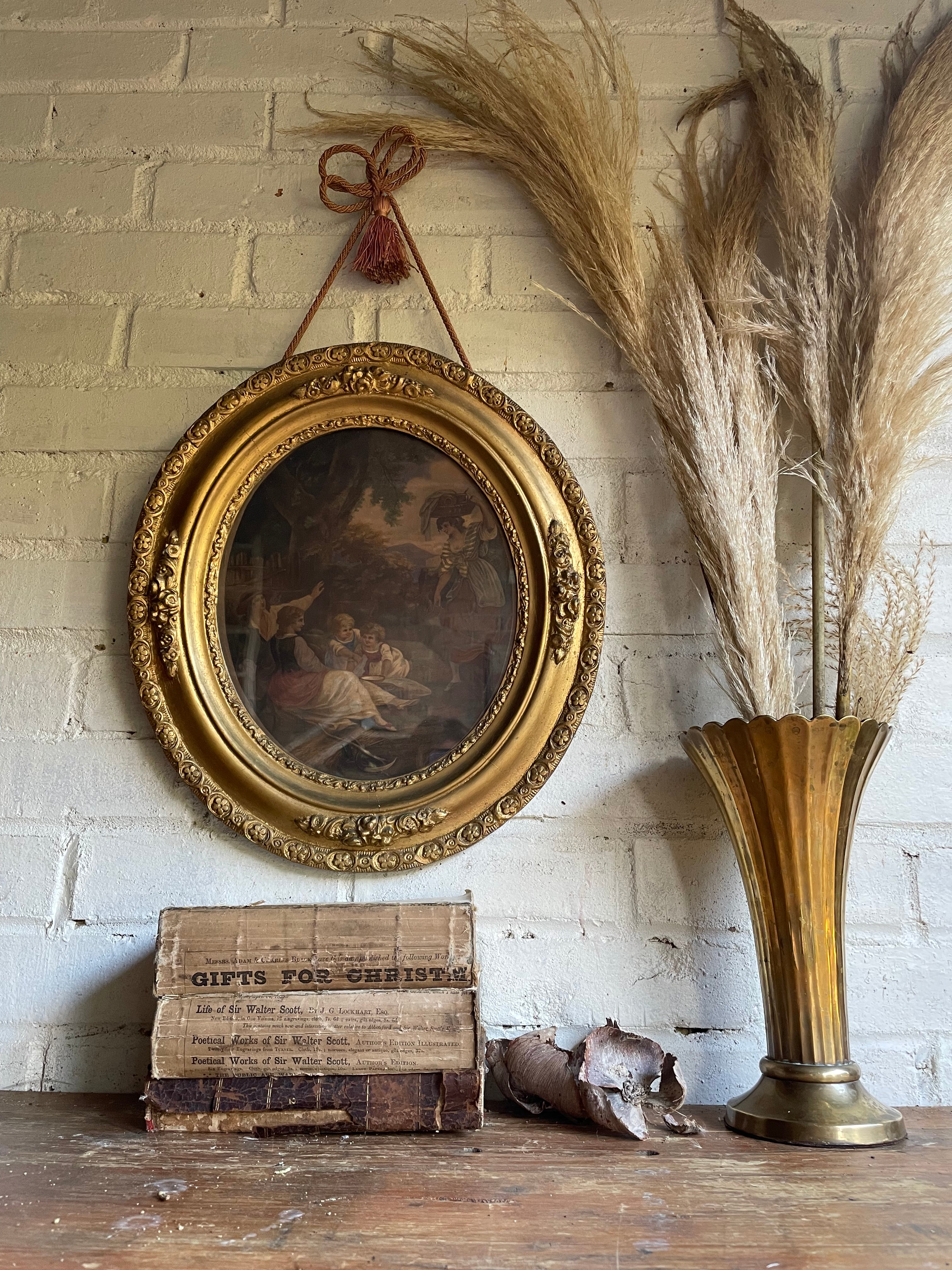 19th Century Framed Lithographic Print with Gilt Frame and Rope Tie:  Pastoral Scene