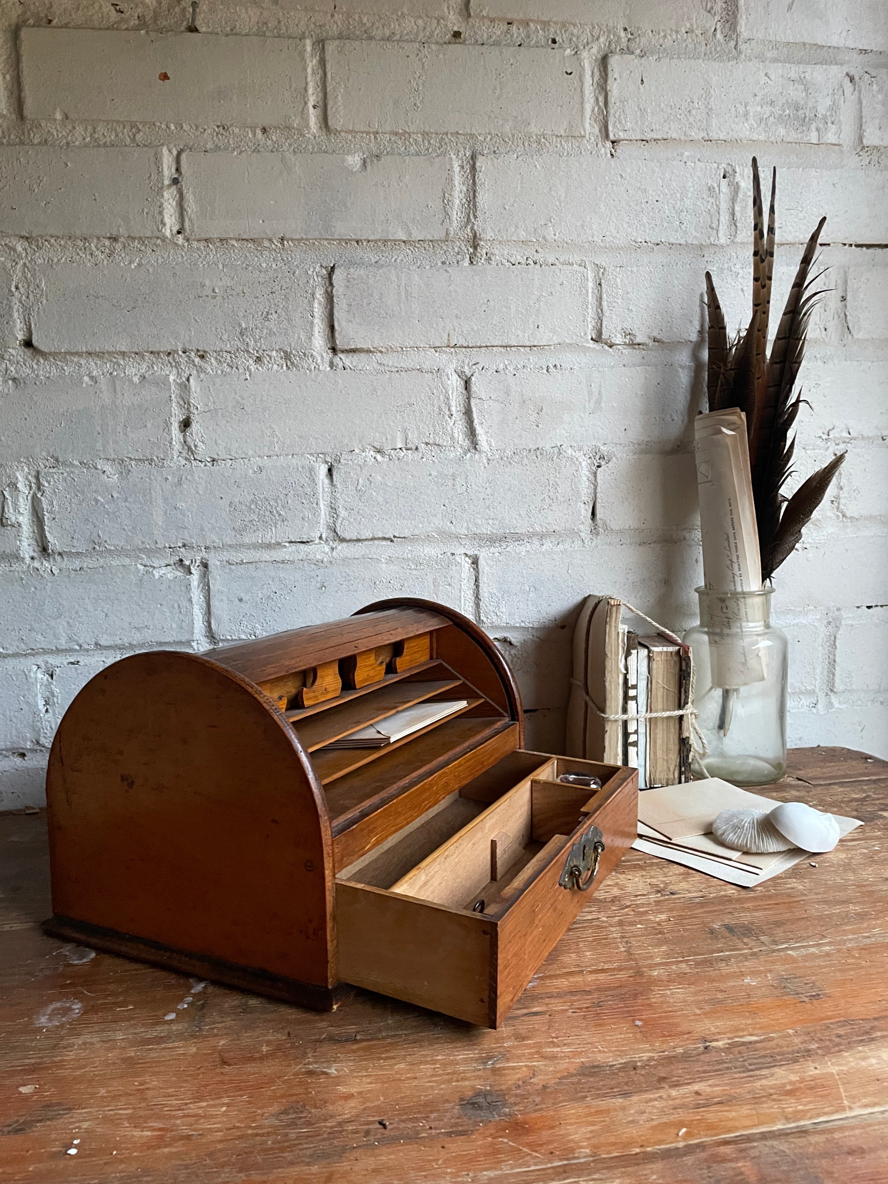 19th Century Oak Tambour Roll Top Stationary Cabinet