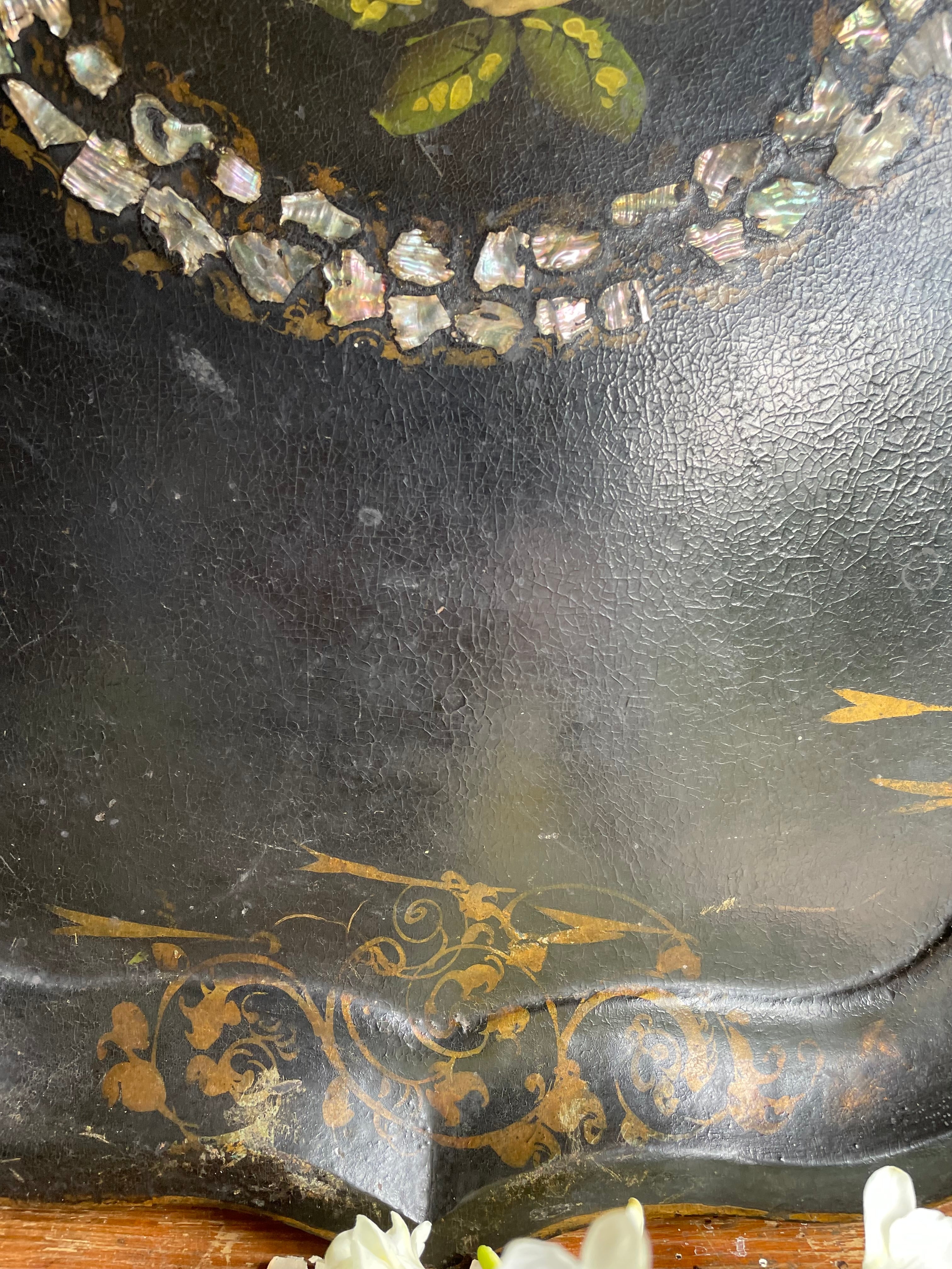 Oversized 19th Century Papier Mache Tray with Mother of Pearl
