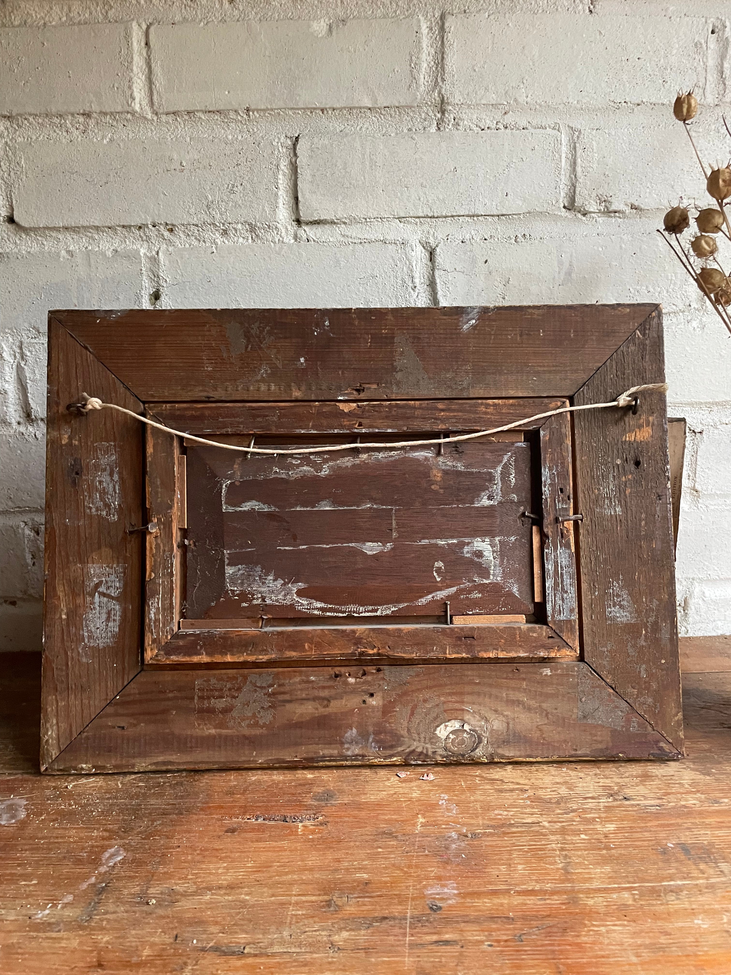 Rural Landscape with Geese: 19th Century Signed Oil on Wood with Gilt Frame