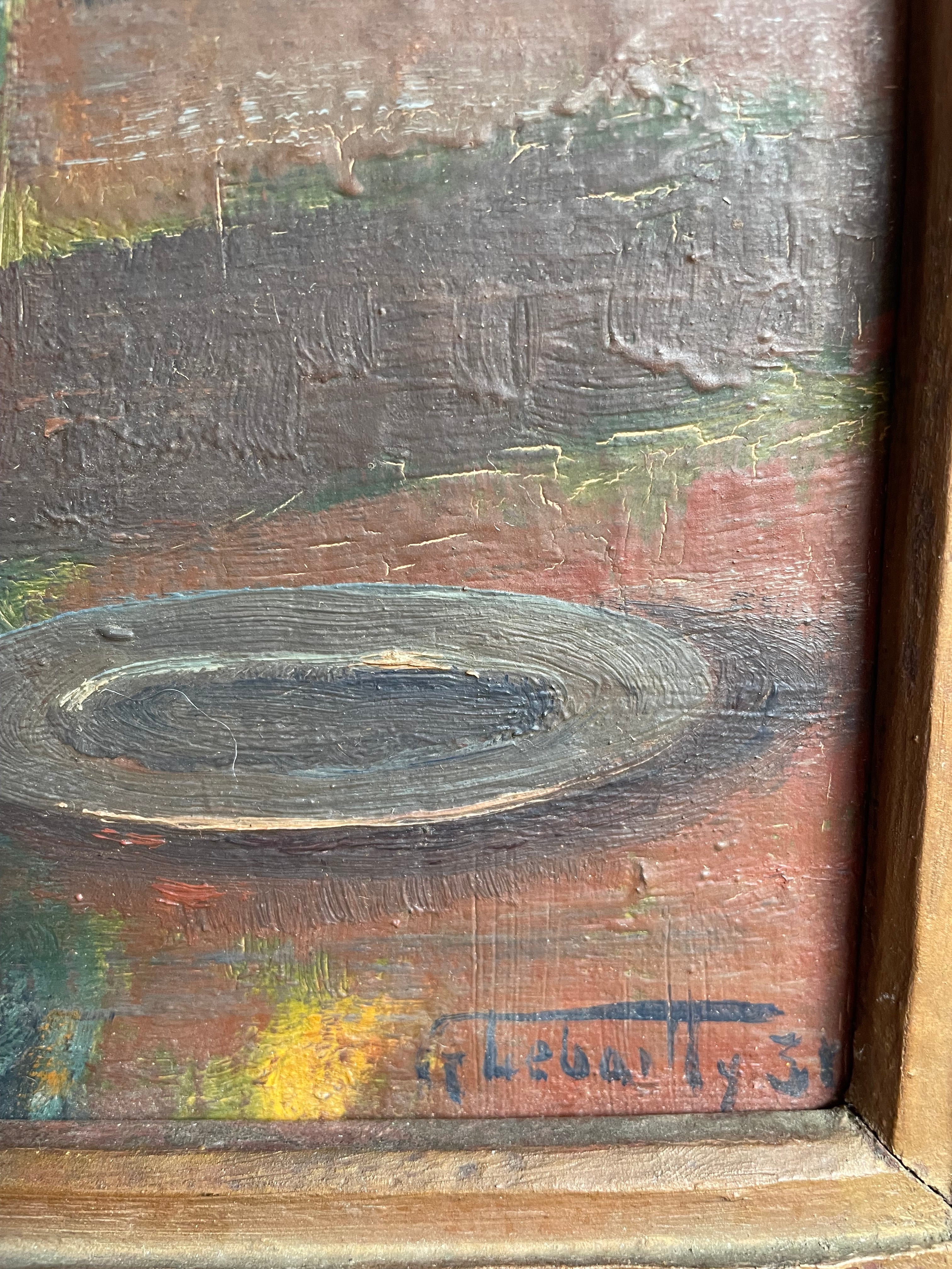 Still Life with Crysanthemums: 1930s French Oil on Board with Original Carved Wooden Frame