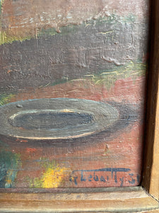 Still Life with Crysanthemums: 1930s French Oil on Board with Original Carved Wooden Frame